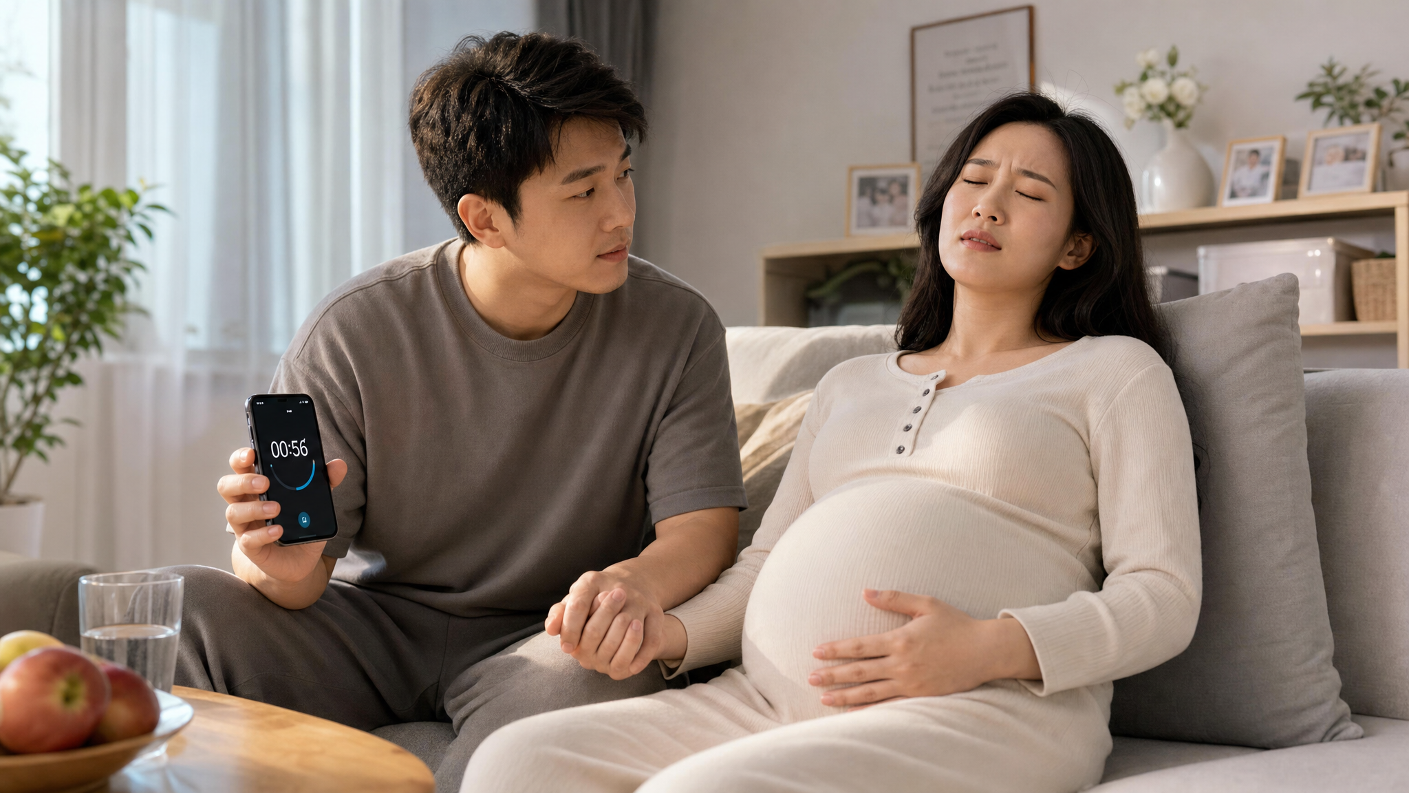 A heartwarming scene of a caring Chinese husband sitting next to his pregnant wife. He is holding a smartphone, looking attentive as if timing something, while gently holding her hand. The wife looks relieved and supported. Bright and modern home environment, soft natural lighting, emotional connection, 8k, photorealistic.