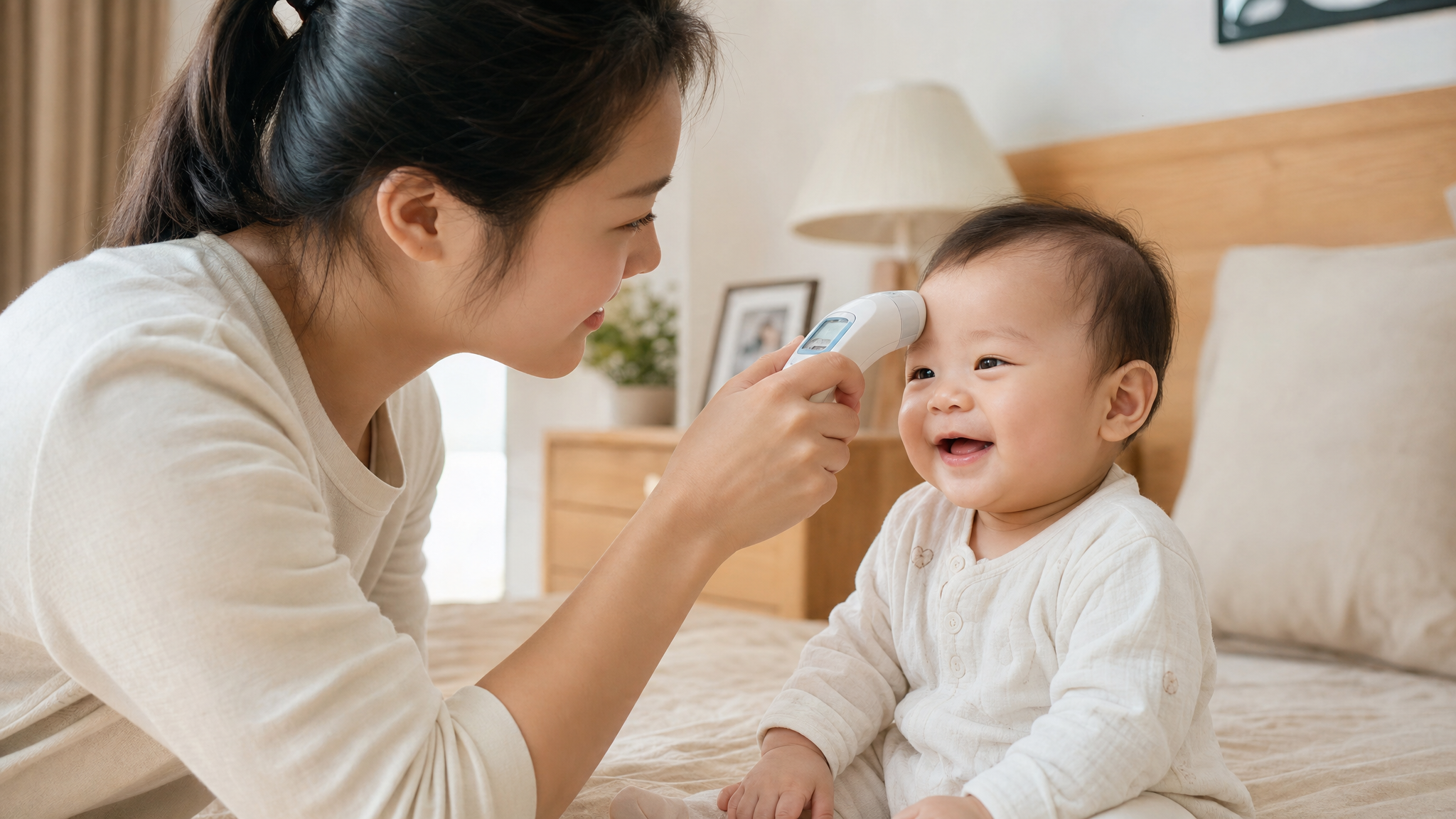 A warm and cozy home scene, a young Chinese mother is gently taking the temperature of her cute baby with a forehead thermometer, the baby is smiling. Soft natural indoor lighting, highly detailed, photorealistic, 8k resolution, warm color palette.