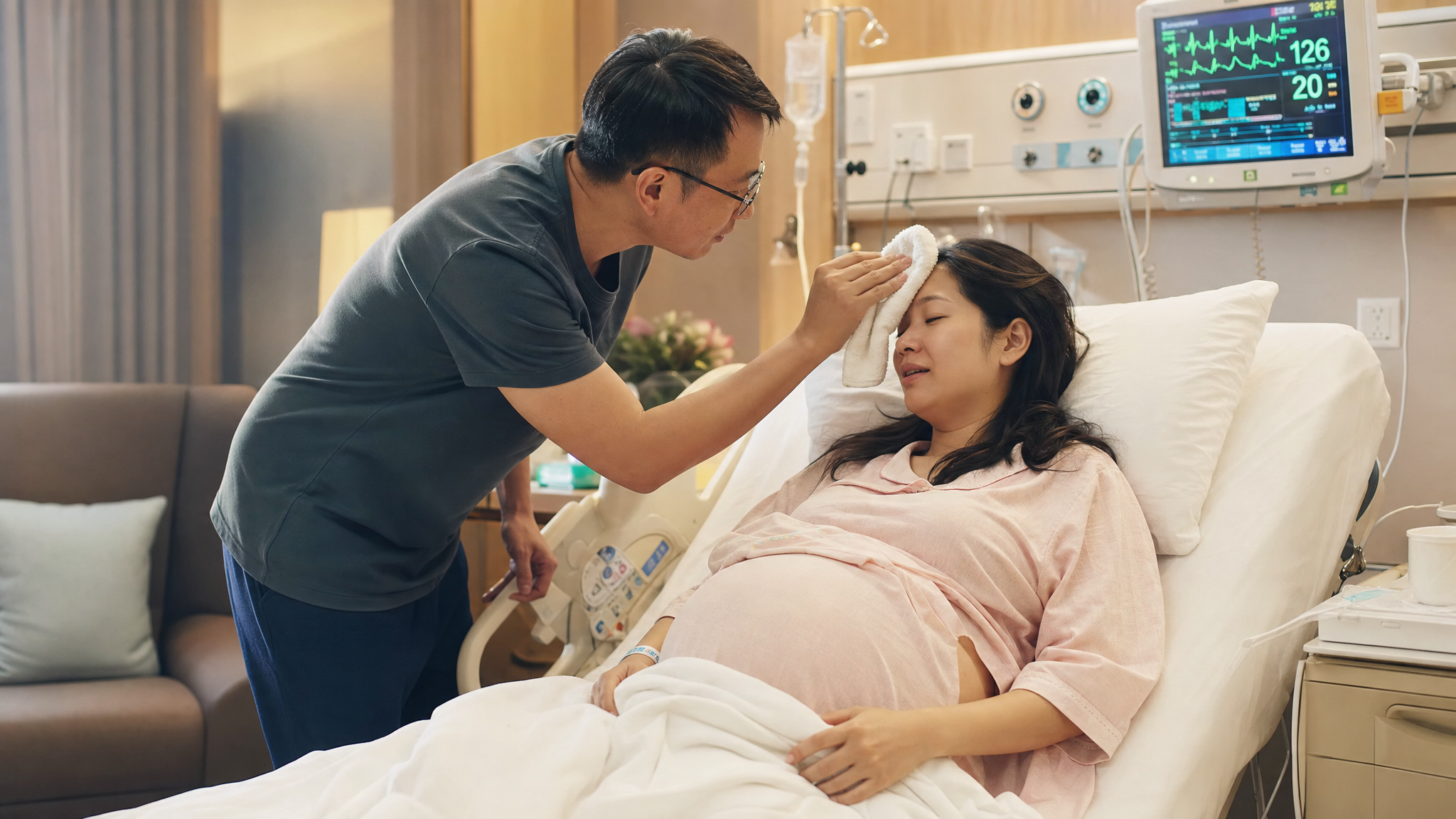 A heartwarming scene in a modern hospital ward. A caring Chinese husband is gently wiping sweat from his pregnant wife's forehead with a towel. The wife looks tired but relieved. Soft, warm indoor lighting, showing a strong sense of support and love. Photorealistic, highly detailed, 8k.