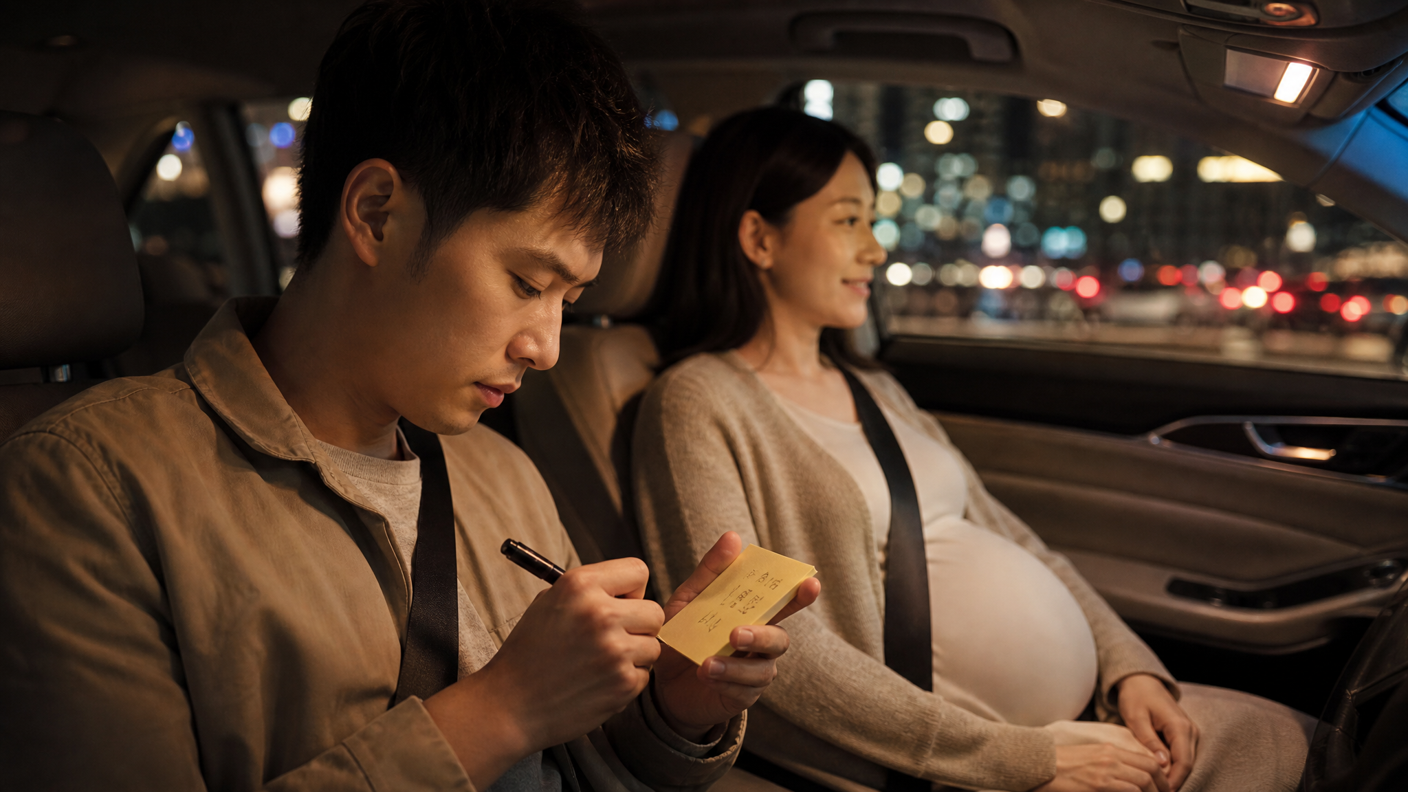 A heartwarming and professional realistic photo of a Chinese expectant father carefully writing notes on a post-it inside a modern car, preparing for the hospital trip. The pregnant mother is sitting in the passenger seat, looking calm. Soft city night lights outside the window, warm interior lighting, cinematic lighting, 8k, highly detailed.