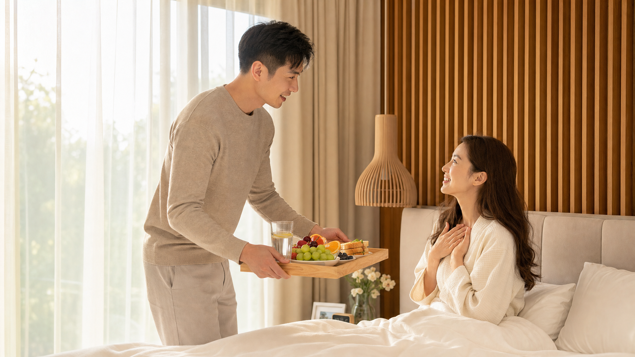 A caring Chinese husband bringing a beautifully arranged healthy breakfast tray (water, fruits, light snacks) to his wife in a bright, sunlit modern bedroom. The wife is sitting on the bed, looking touched and happy. Soft morning sunlight filtering through sheer curtains, warm and aesthetic vibe, photorealistic, highly detailed, 8k. --ar 3:4
