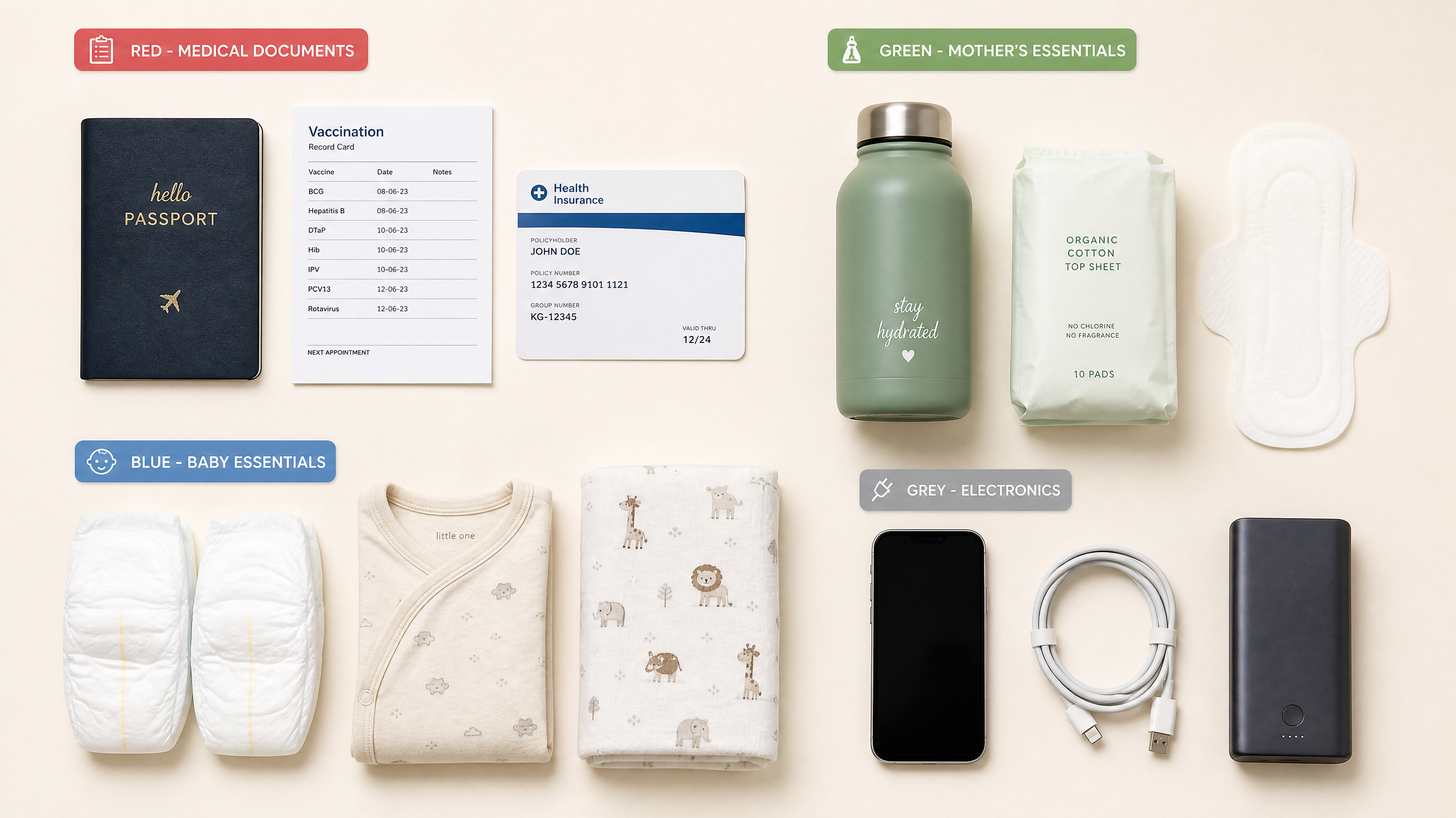 A neat and minimalist flatlay photography of a baby diaper bag essentials on a clean pastel background. Items are divided into four clear zones with color-coded tags: red for medical documents, green for mother's essentials (water bottle, sanitary pads), blue for baby essentials (2 diapers, a onesie, a thin blanket), and grey for electronics. Bright and airy lighting, highly detailed, Pinterest style.