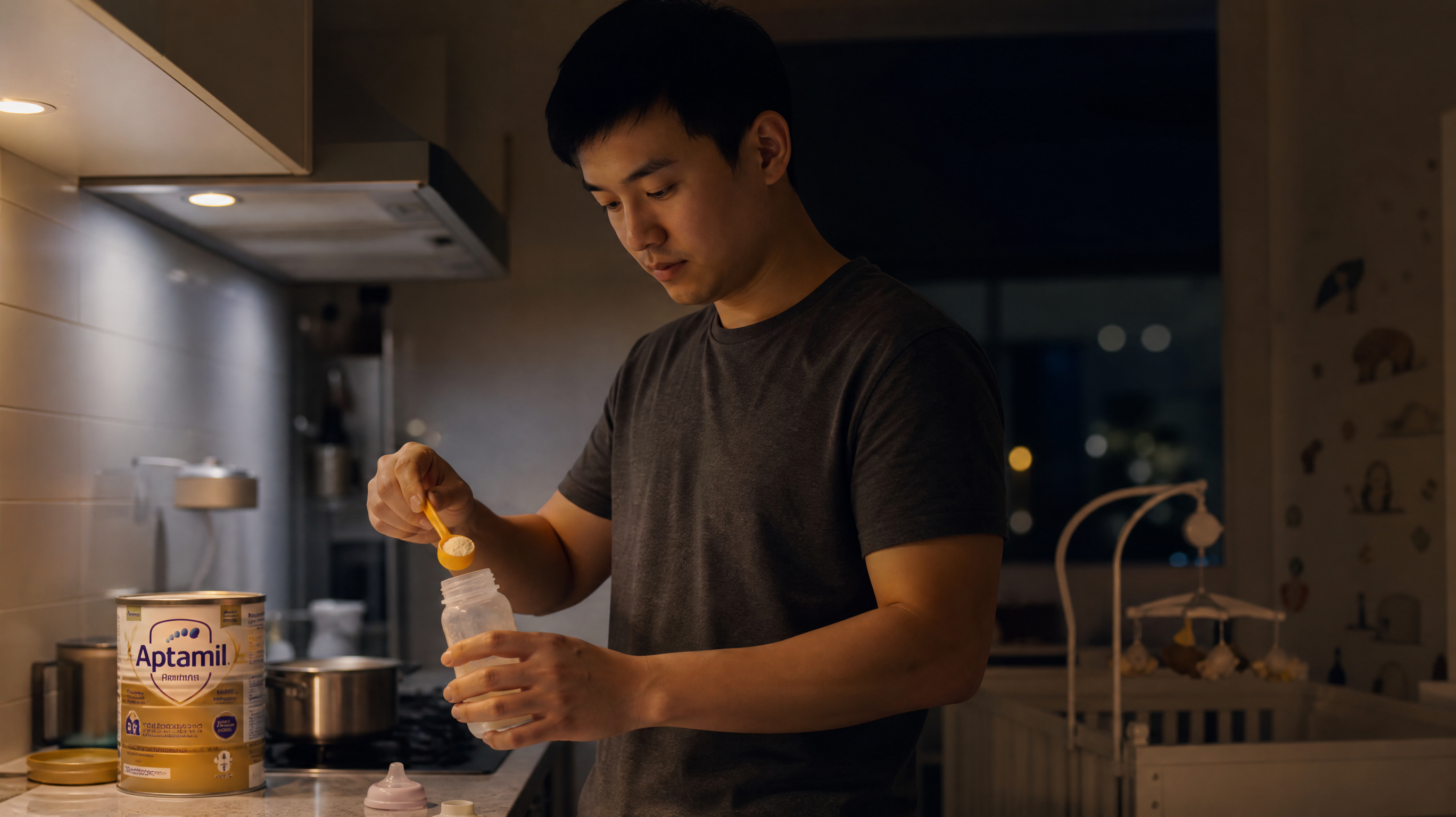 A photorealistic image of a young Chinese father in a dimly lit kitchen at 3 AM, carefully preparing baby formula. Warm, cozy lighting, focused expression, holding a baby bottle and a formula scoop. High quality, 8k resolution, cinematic lighting, realistic style.