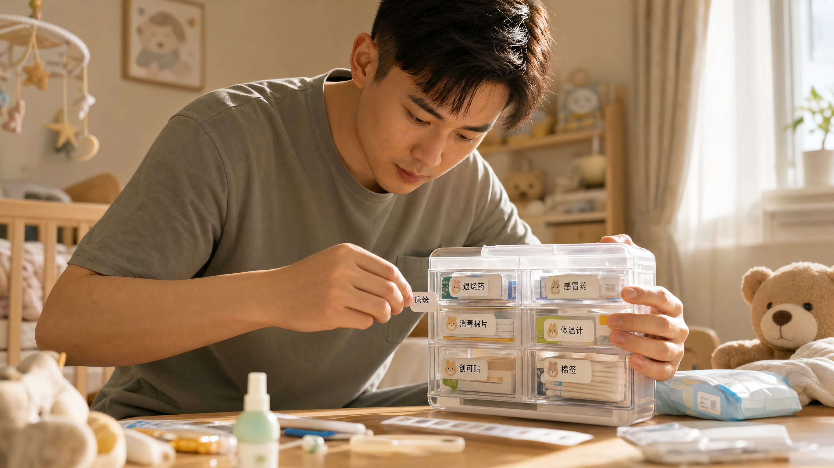 A young handsome Chinese father is carefully organizing a baby medical kit in a bright, cozy nursery. He is putting small label stickers on the transparent drawers of the kit. Soft warm sunlight streaming through the window. Cinematic lighting, highly detailed, realistic, 8k resolution, heartwarming atmosphere.