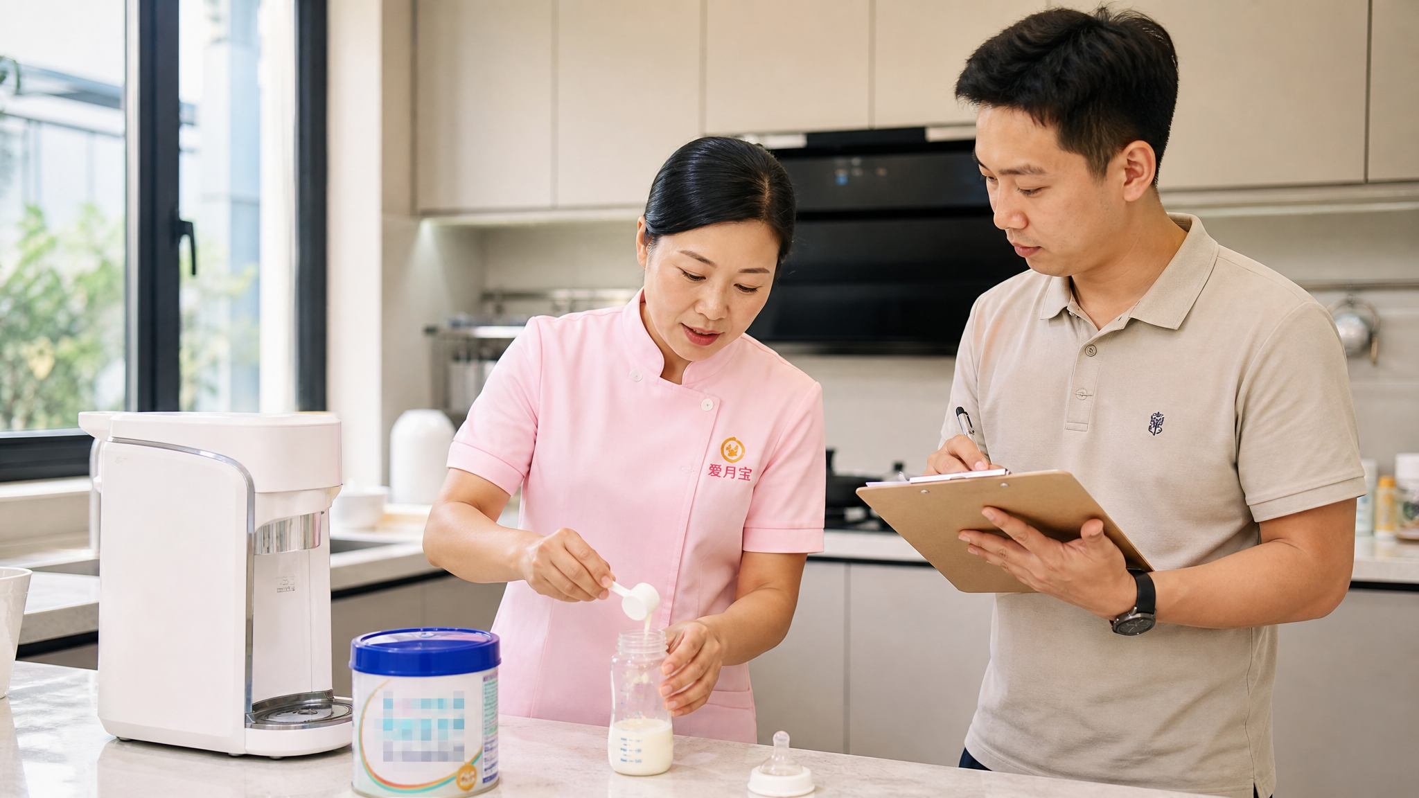 A realistic photo of a professional Chinese nanny demonstrating how to make formula milk in a bright modern kitchen, a young Chinese father standing next to her holding a clipboard and taking notes. Professional lighting, clear focus, high quality, 8k, instructional vibe.