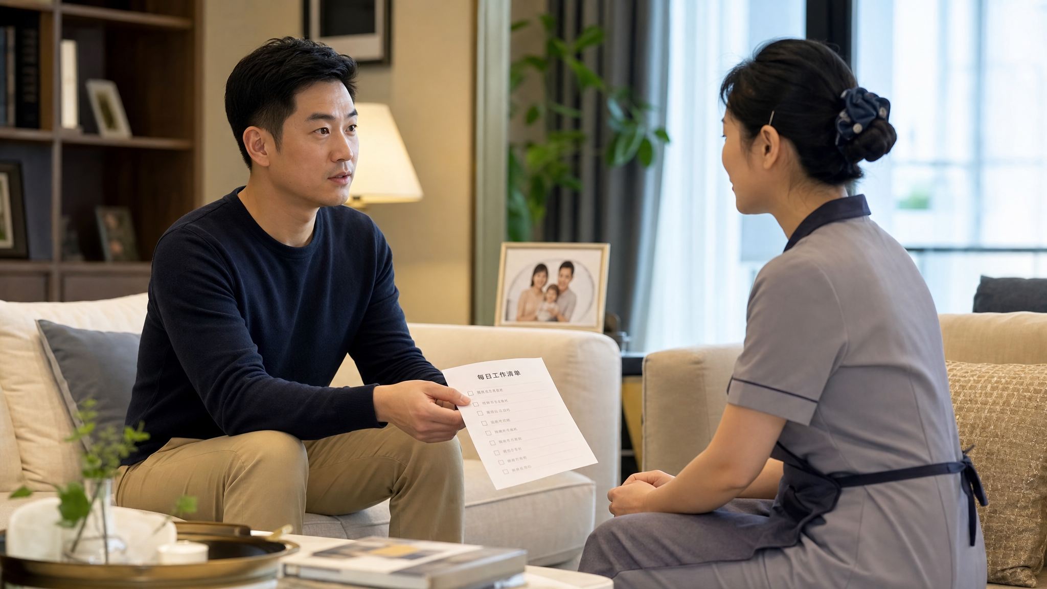 A professional and calm conversation scene in a modern living room. A young Chinese father is sitting opposite a Chinese nanny, handing her a printed checklist. The father looks serious but polite. Bright indoor lighting, warm tones, high detail, realistic photography style.