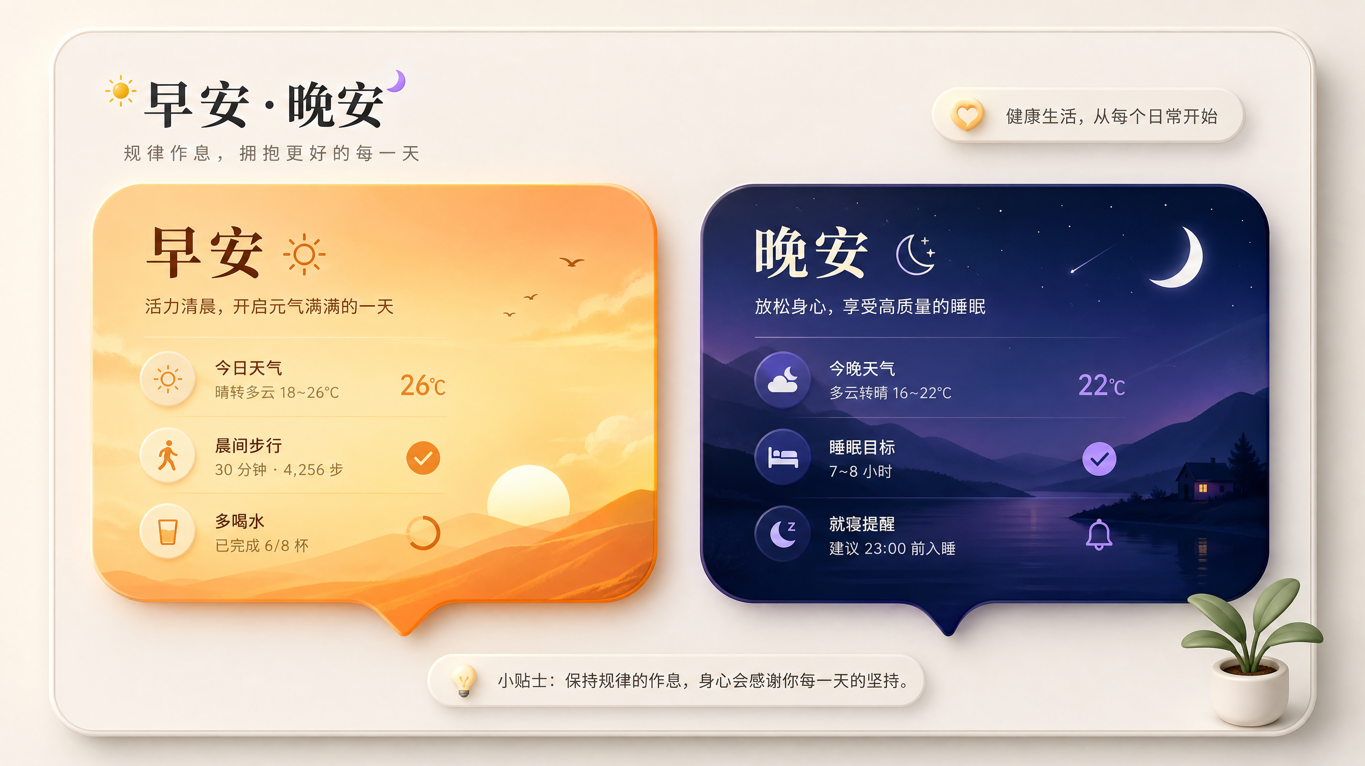 A beautifully designed infographic UI card with two main speech bubbles. One bubble has a warm morning sunrise gradient (orange and yellow), the other has a calm night gradient (dark blue and purple). Minimalist icons for weather, walking, and sleeping. Clean layout, modern Chinese typography style, soft lighting, 3d render style, high quality.