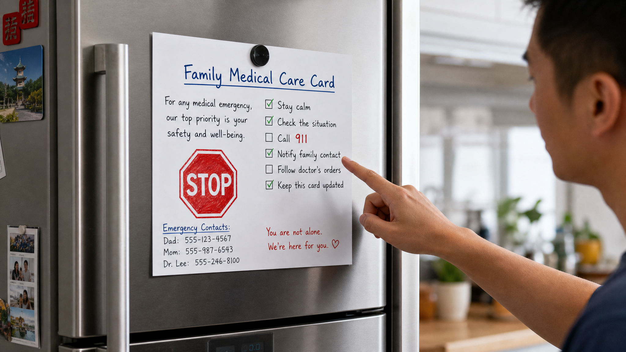 A close-up shot of a modern refrigerator door with a neatly written 
