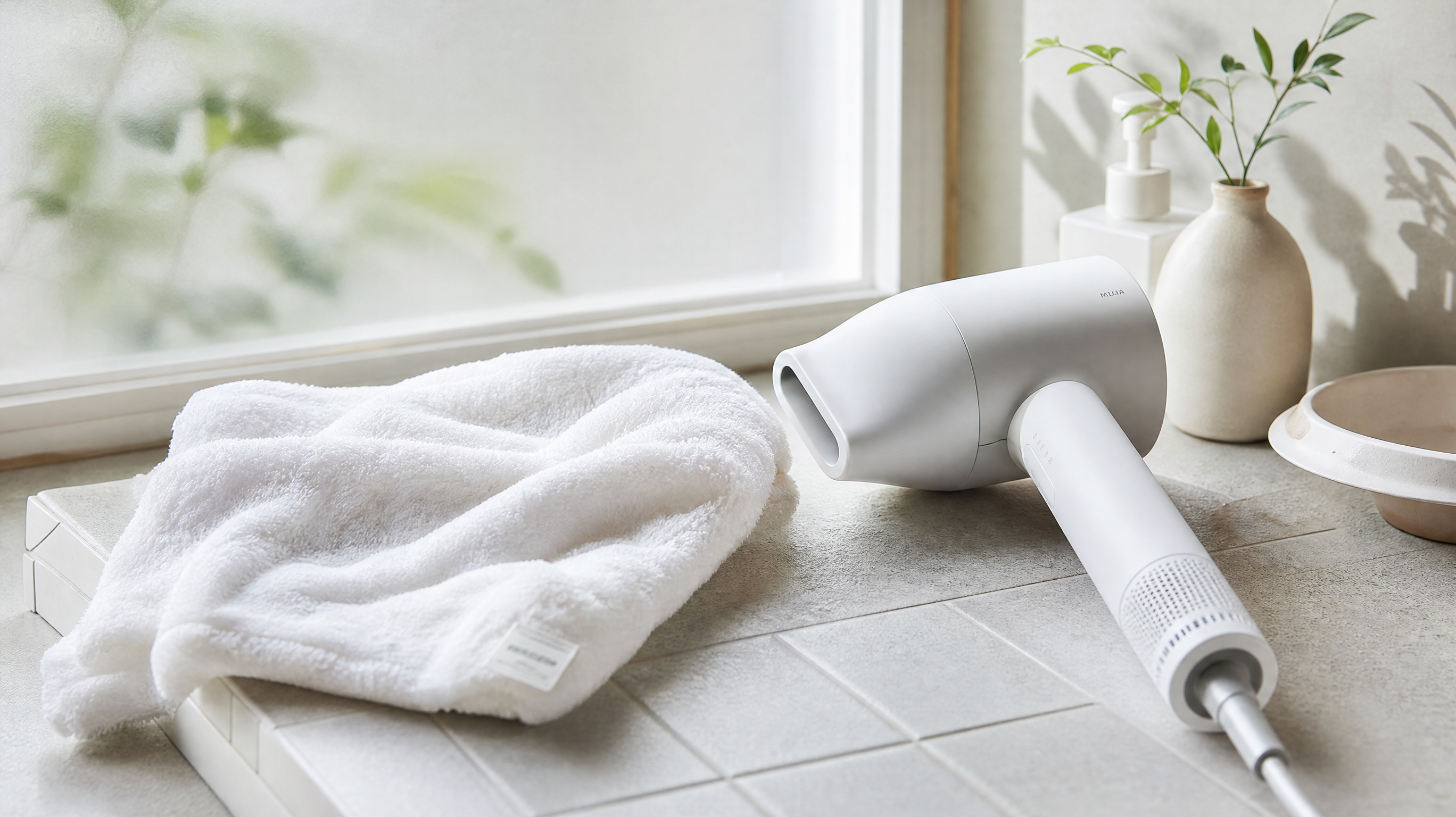 A close-up still life shot of a soft white microfiber towel and a modern minimalist hairdryer in a bright, clean bathroom. Natural sunlight filtering through a frosted window, casting soft shadows. Japanese minimalist aesthetic, pastel color palette, clean, fresh, hygienic, high-end commercial photography, 8k resolution.