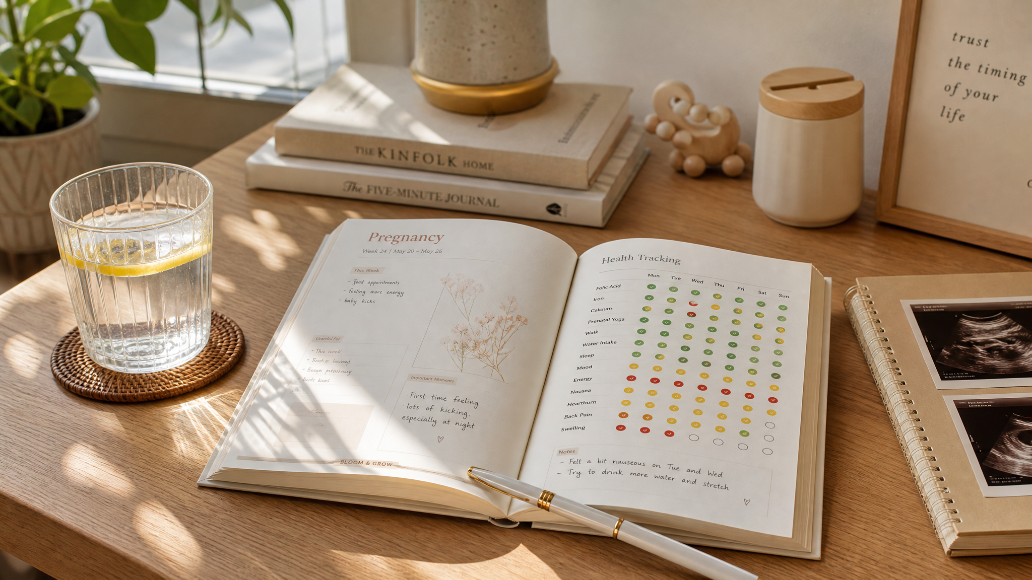 Soft creamy color palette, medical journal style. A cozy wooden desk with a glass of warm water and an open pregnancy diary. The diary page shows a health tracking chart with red, yellow, and green circle marks. A pen rests on the book. Sunlight streams through the window casting soft shadows. Warm and healing atmosphere, highly detailed, photorealistic.