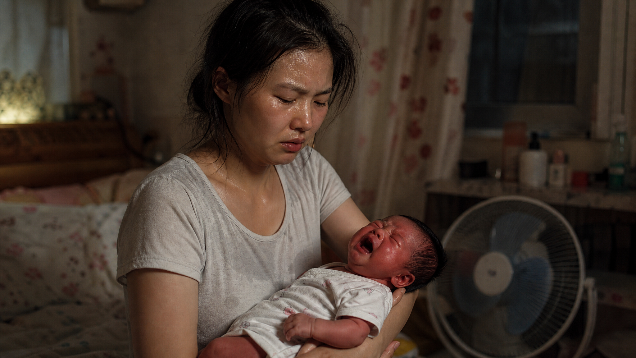 A medium shot of a sweating, tired young Chinese mother holding a crying newborn baby in a stuffy bedroom during summer. The baby's face is flushed. Soft, warm indoor lighting, cinematic lighting, realistic photography, 8k resolution, highly detailed, emotional resonance. --ar 3:4