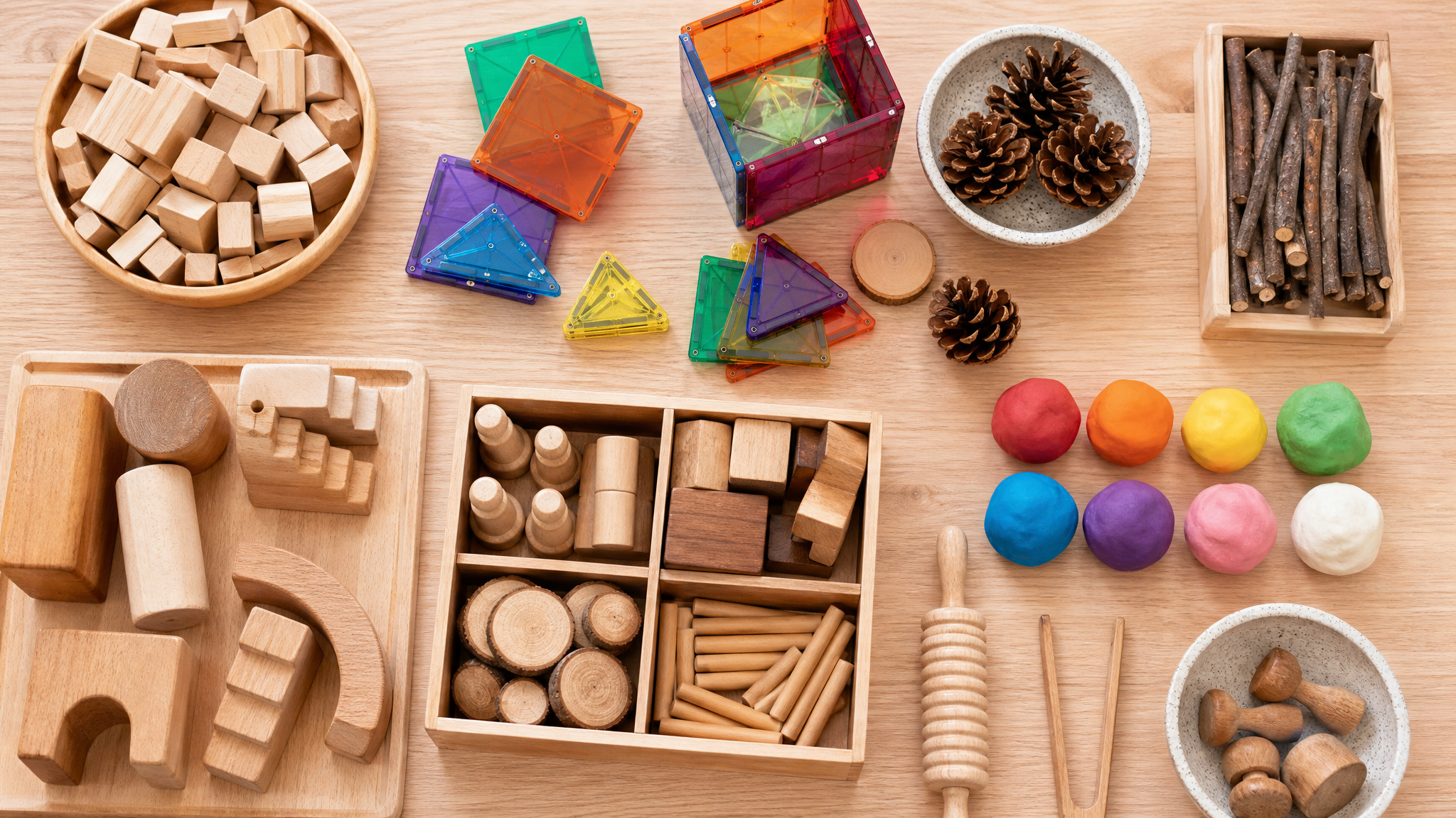 A beautifully arranged flatlay of open-ended play materials on a light wooden table. Includes wooden blocks, magnetic tiles, colorful clay, pine cones, and small twigs. Minimalist industrial design style, bright and warm lighting, top-down view, high quality commercial photography.