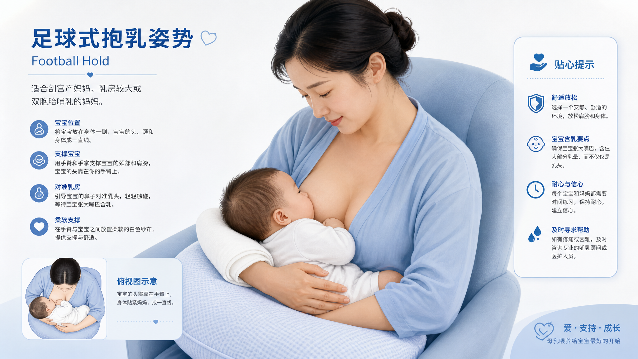 An illustration style image showing a Chinese mother breastfeeding her baby in a football hold posture. A soft white cotton gauze is placed between the mother's arm and the baby's head/body. Soft blue and white medical-feeling color palette, clear, educational, warm and loving atmosphere.