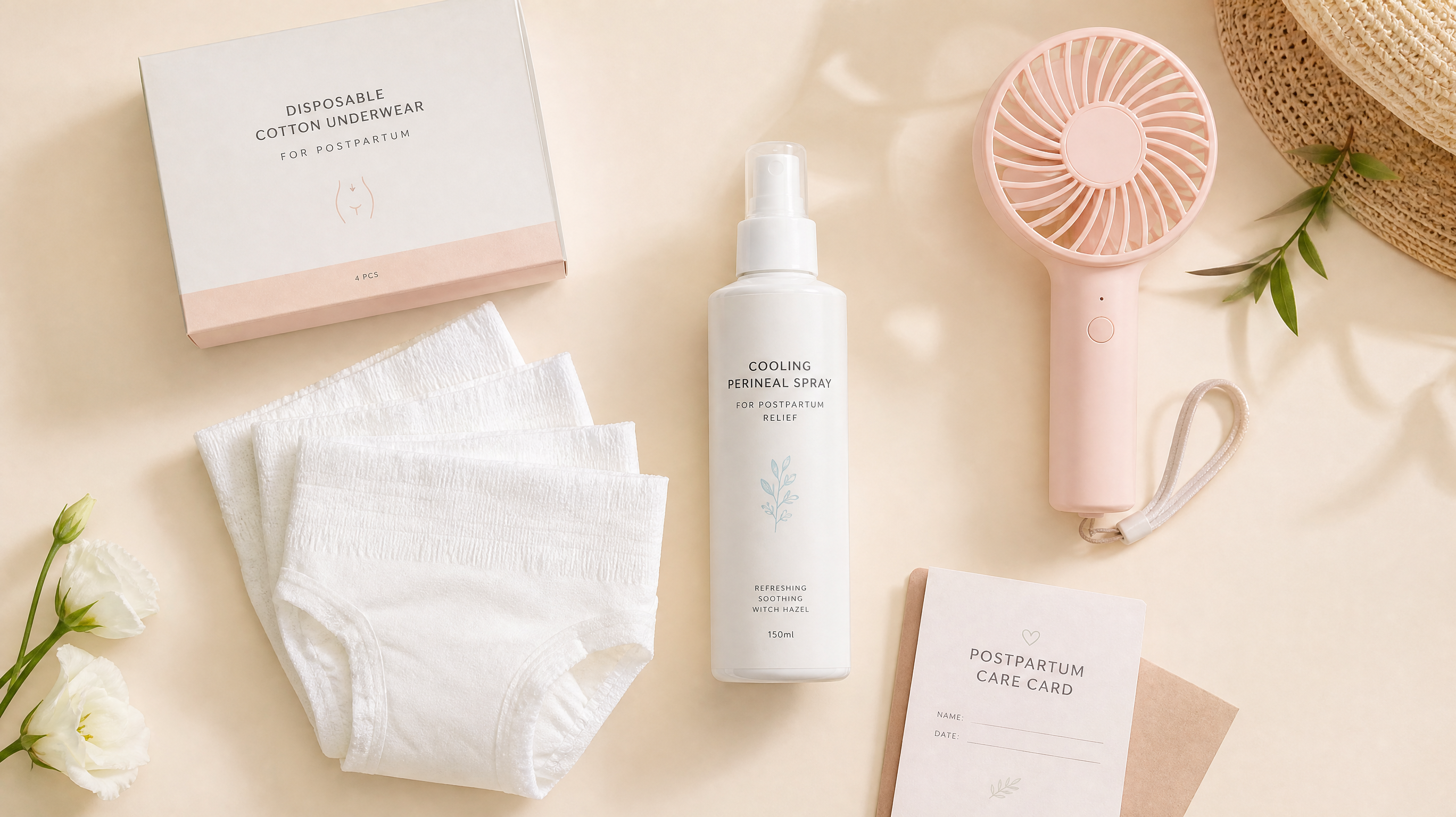 A flat lay aesthetic photo of summer postpartum care essentials on a creamy beige background. Includes disposable cotton underwear, a refreshing cooling spray, a cute portable fan, and a small medical care card. Soft pastel colors, neat and organized, minimalist style, bright lighting, high resolution, product photography style --ar 3:4