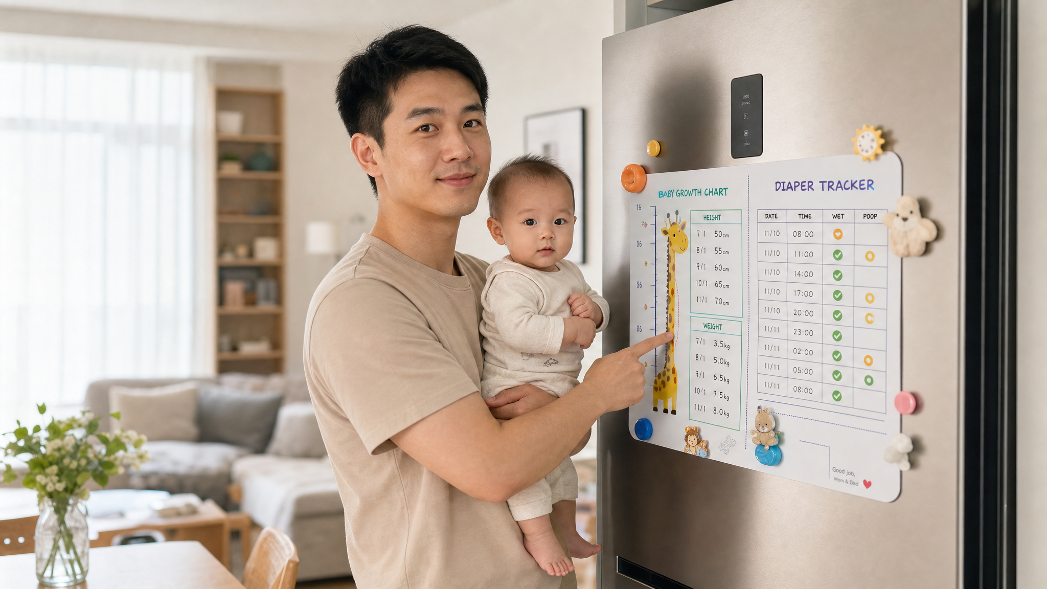 A supportive young Chinese father standing in a bright, cozy living room, confidently pointing at a baby growth chart and diaper tracker attached to the refrigerator. Gentle smile, modern home aesthetic, bright natural light, photorealistic, high quality, 8k.