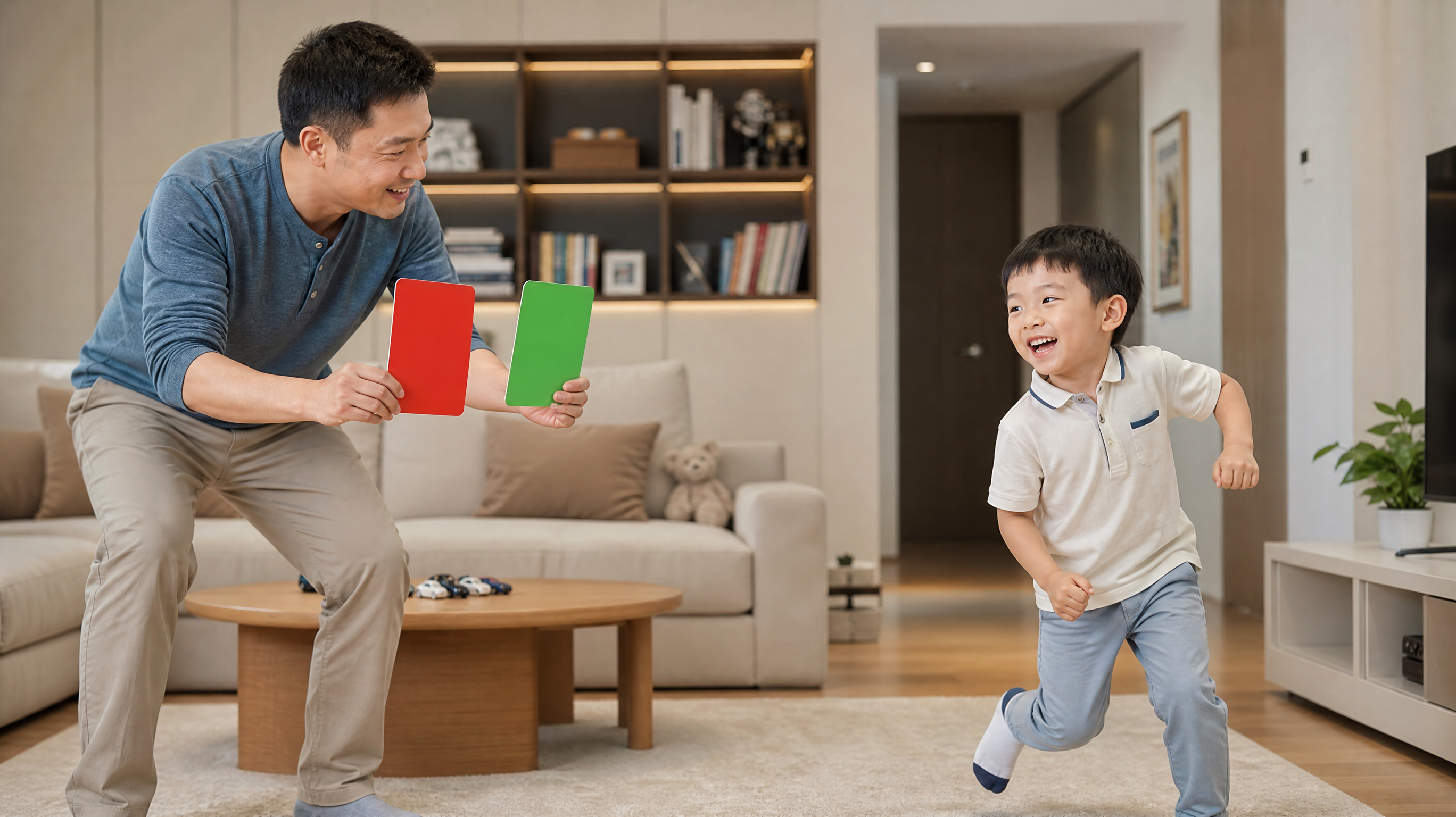 A young Chinese father and his 5-year-old son playing a fun game in a cool, tidy living room. The father is holding a large red and green color card. The boy is laughing and stopping his running posture. Bright and cheerful atmosphere, soft indoor lighting, 8k resolution, photorealistic.