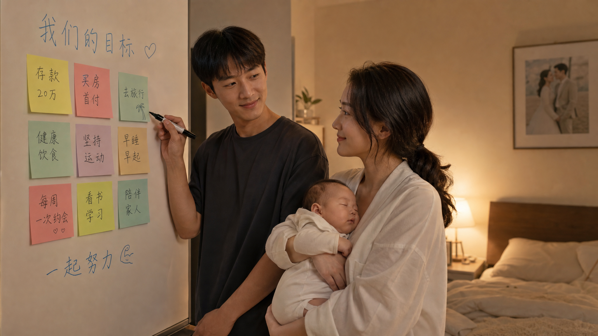 A young Chinese couple standing in front of a white board in a cozy, warm-lit bedroom, writing on colorful sticky notes. The husband is holding a marker, smiling gently at his wife. The wife is holding a sleeping baby in her arms, looking relieved. Cinematic lighting, soft neutral tones, highly detailed, photorealistic, 8k resolution. --ar 3:4