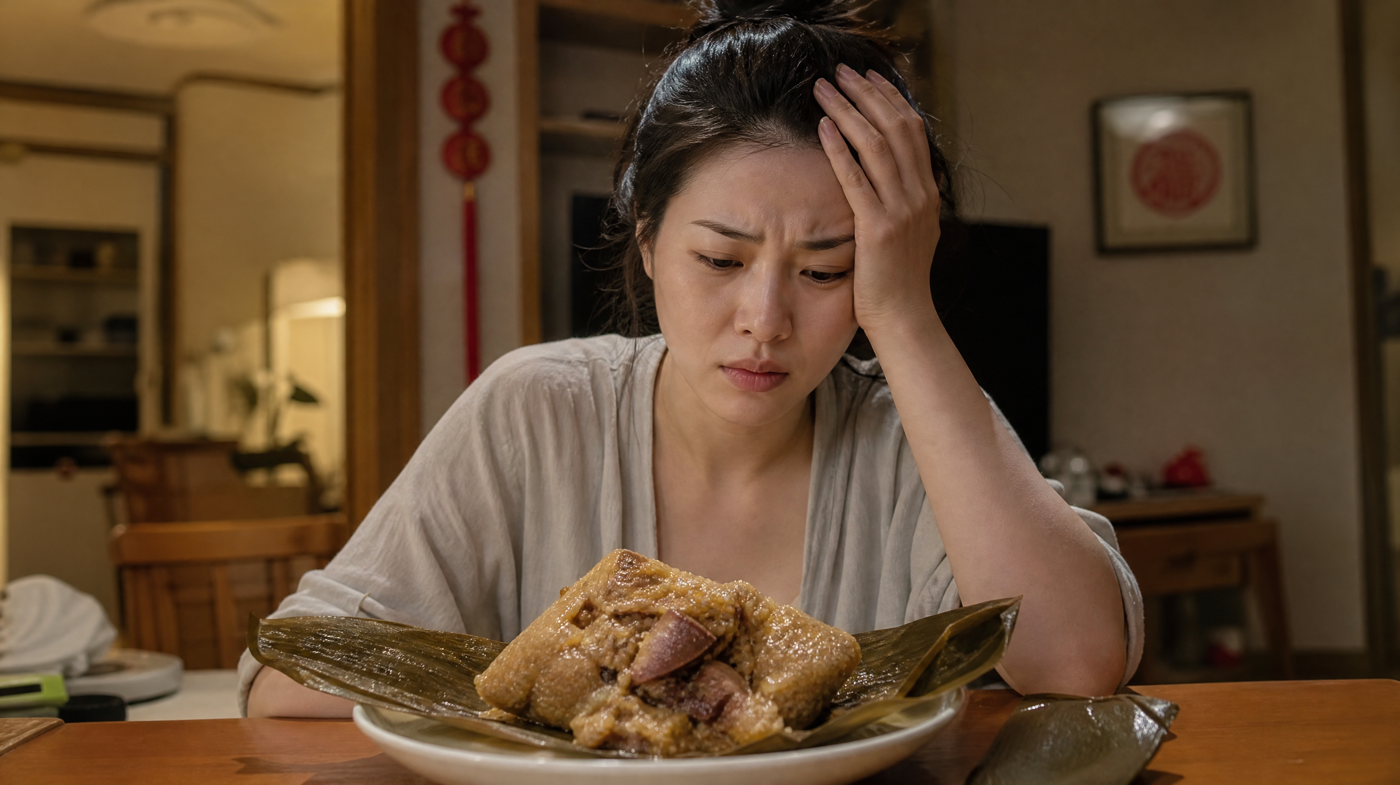 A realistic photography of a young Chinese mother sitting at a dining table, looking stressed and overwhelmed. In front of her is a large, greasy meat zongzi (sticky rice dumpling) unwrapped on a plate. The background is a warm, slightly cluttered modern Chinese home dining room. Soft indoor lighting, cinematic feel, high resolution, soft focus on the background. --ar 3:4