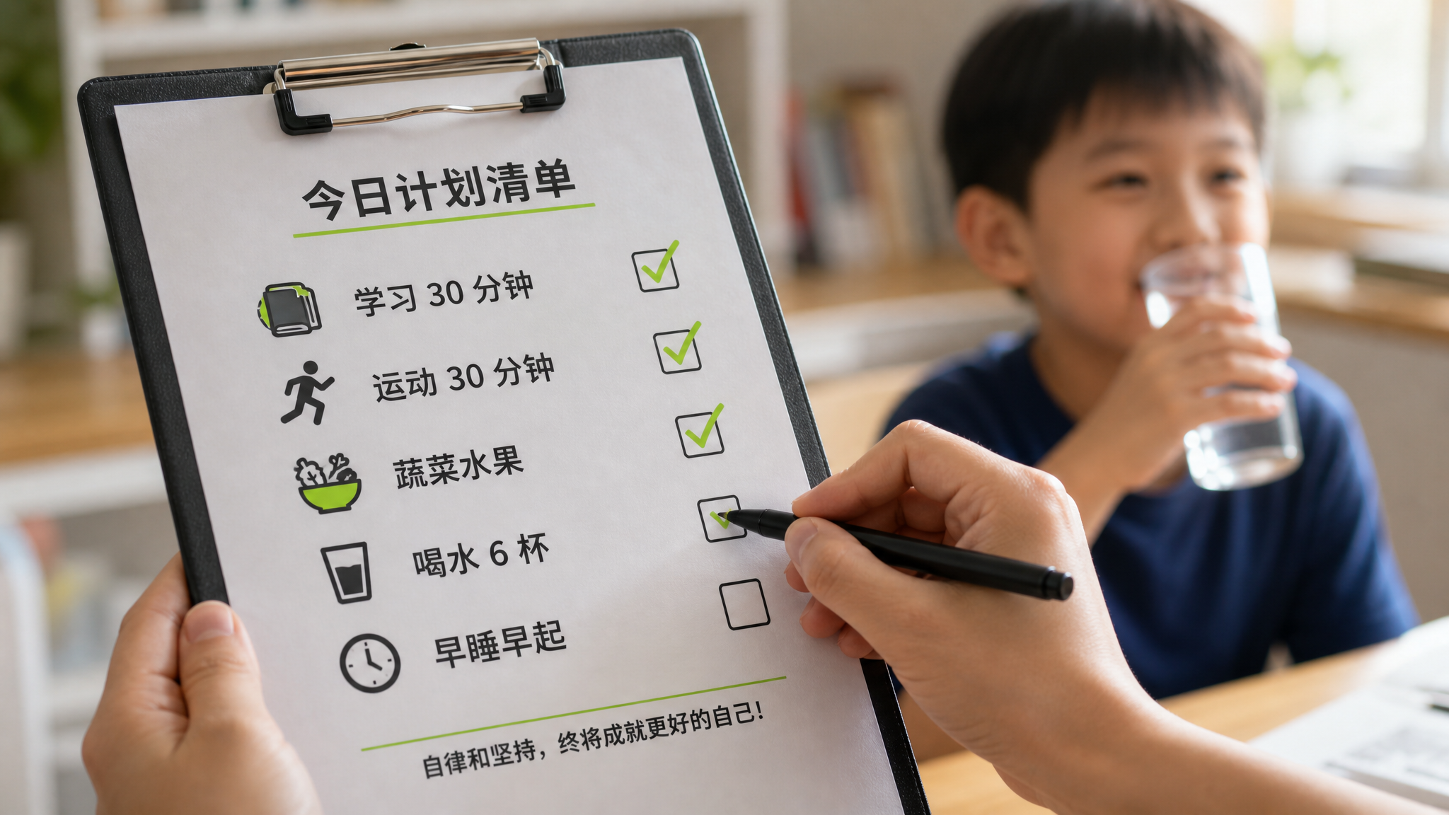A close-up shot of a Chinese father's hand holding a minimalist black, white, and neon green checklist on a clipboard, marking a tick. In the blurred background, a happy Chinese child is drinking water. Bright morning lighting, sharp focus on the checklist, photorealistic, 8k --ar 16:9
