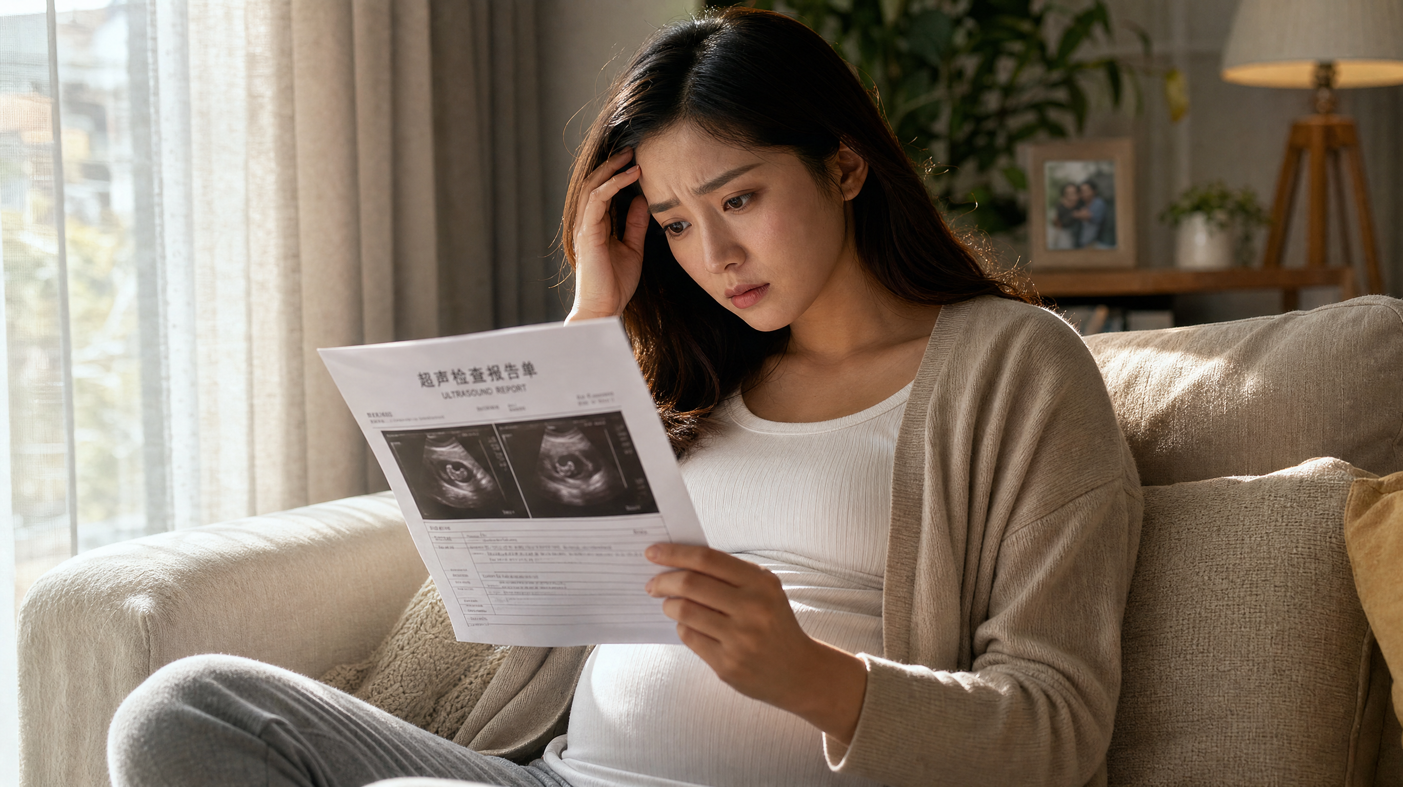 A highly detailed, realistic photo of a young Chinese pregnant woman sitting on a cozy sofa by the window, looking slightly anxious while holding an ultrasound scan report. Soft natural sunlight filtering through the window, warm and empathetic atmosphere, cinematic lighting, 8k resolution, photorealistic. --ar 3:4