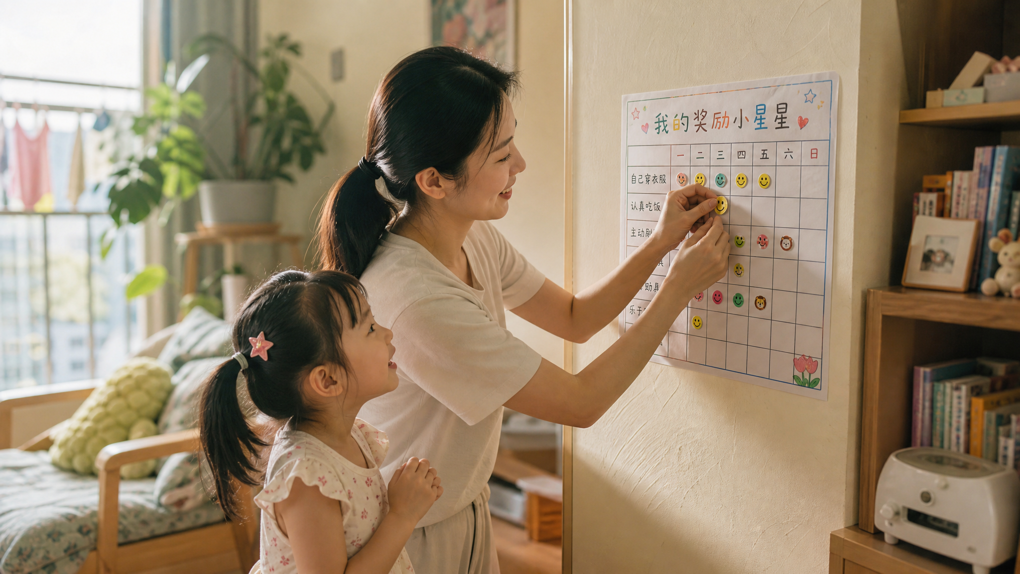 A Chinese mother putting a cute reward sticker on a simple chart on the wall, her little daughter looking at it happily, cool and comfortable summer indoor setting, warm family interaction, cinematic lighting, ultra-detailed.