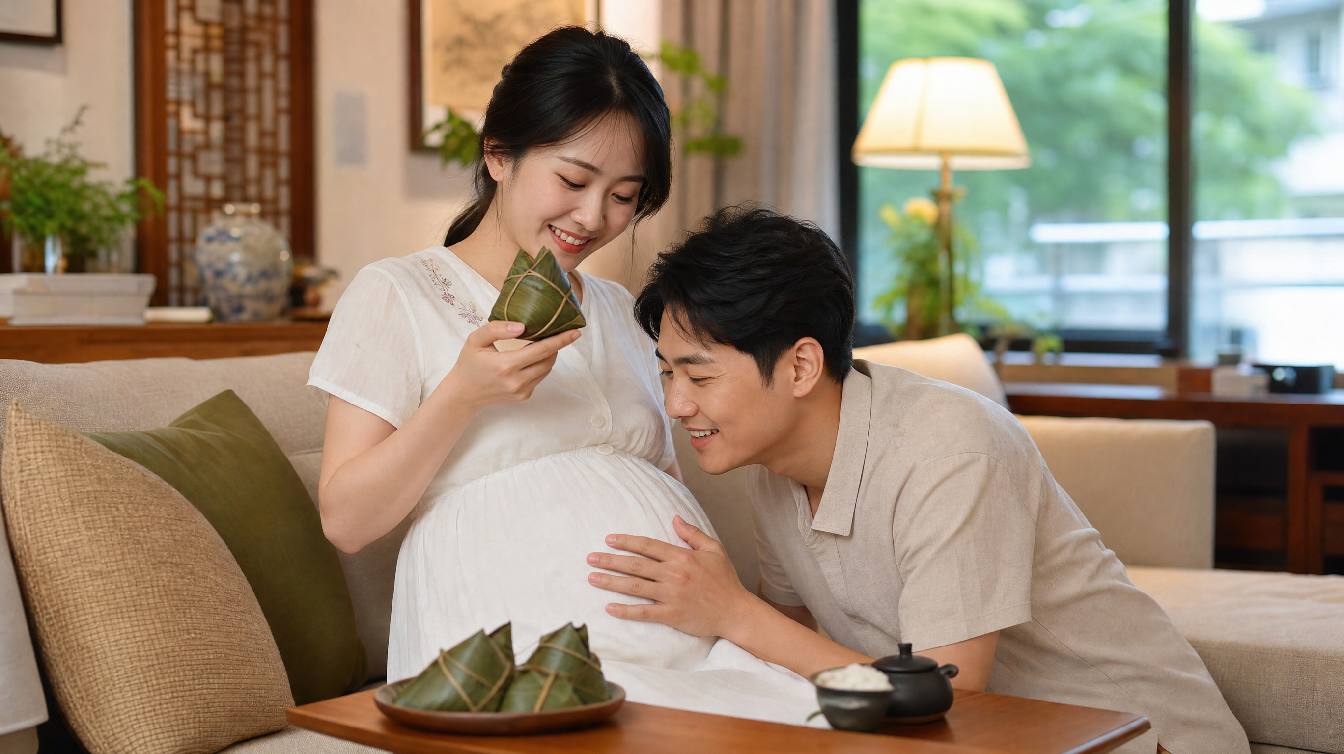 A happy Chinese couple in a cozy living room during early summer. The pregnant wife is holding a traditional Zongzi (rice dumpling), the husband is gently talking to her belly with a loving smile. Warm indoor lighting, harmonious family atmosphere, highly detailed, realistic photography, 8k, soft focus background.