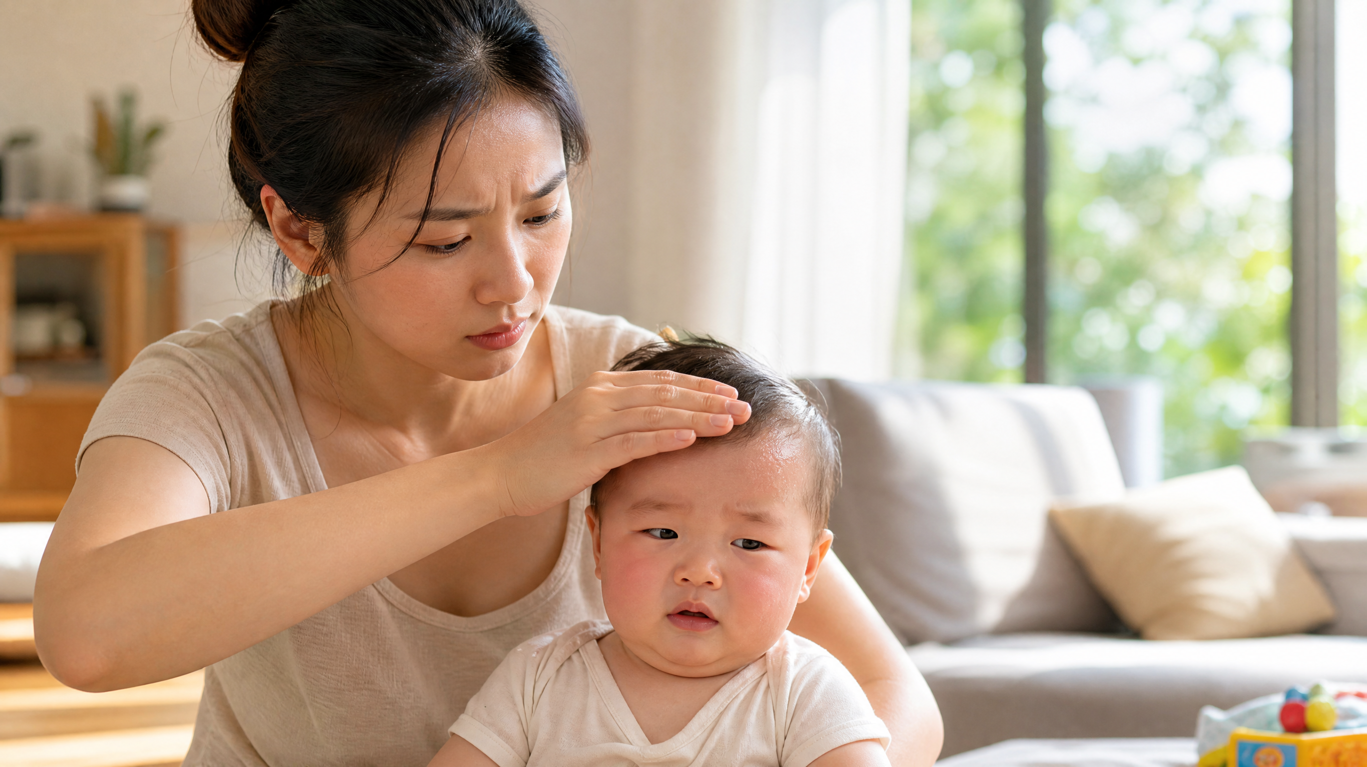A realistic photography of an anxious young Chinese mother checking her baby's forehead temperature with the back of her hand in a bright summer living room. The baby looks a bit flushed and sweaty. Soft natural sunlight coming through the window, warm tones, high resolution, 8k, cinematic lighting, photorealistic. --ar 3:4