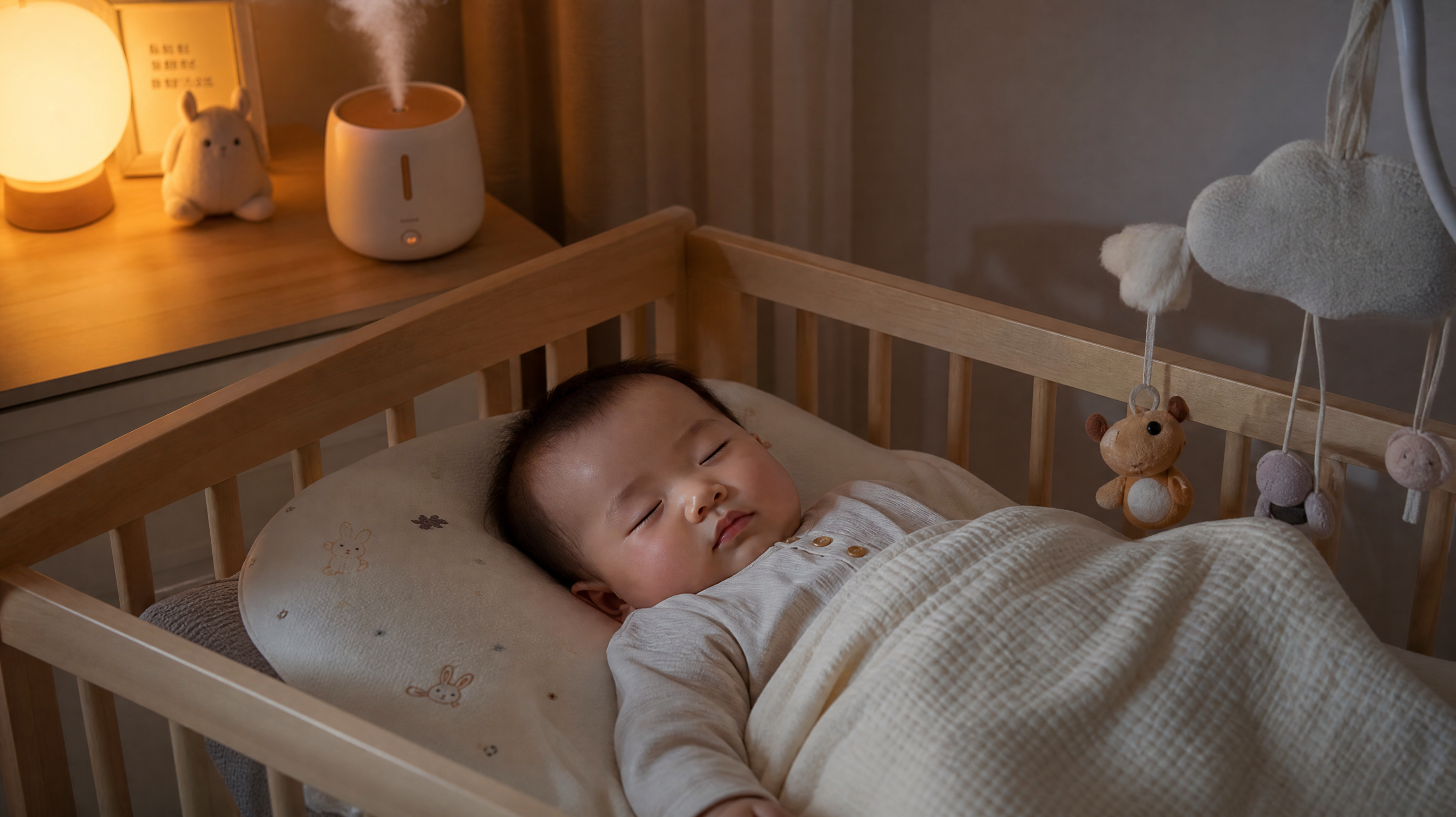 A healthy Chinese baby sleeping peacefully in a comfortable crib, breathing smoothly, a cute minimalist humidifier working in the background emitting fine mist, cozy bedroom, soft night light, warm and tranquil atmosphere, 8k, ultra-detailed.