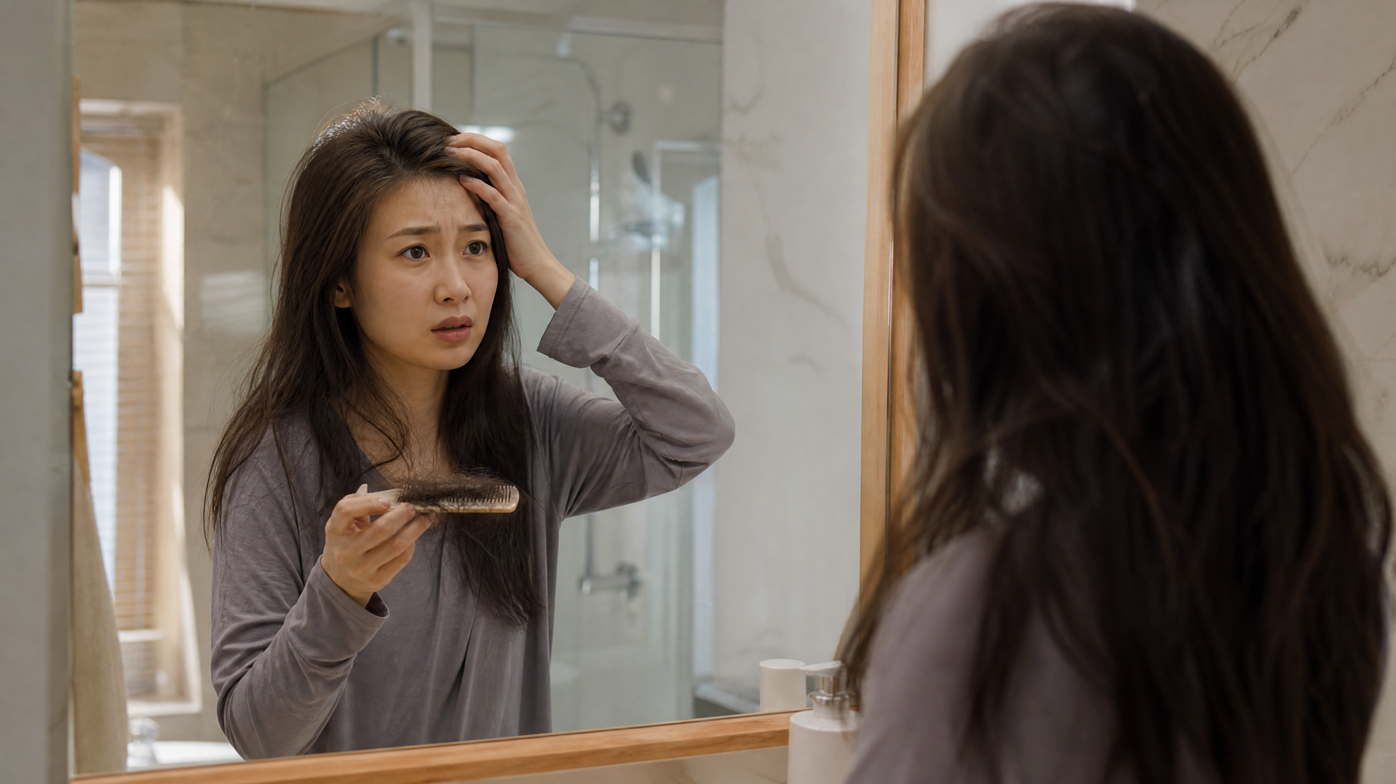 A realistic portrait of a young Chinese mother looking stressed in a bright modern bathroom. She is holding a comb with some fallen hair in her hand, looking at the mirror with slight anxiety. Soft natural lighting, highly detailed, photorealistic, 8k resolution, cinematic lighting, shot on 35mm lens. --ar 3:4