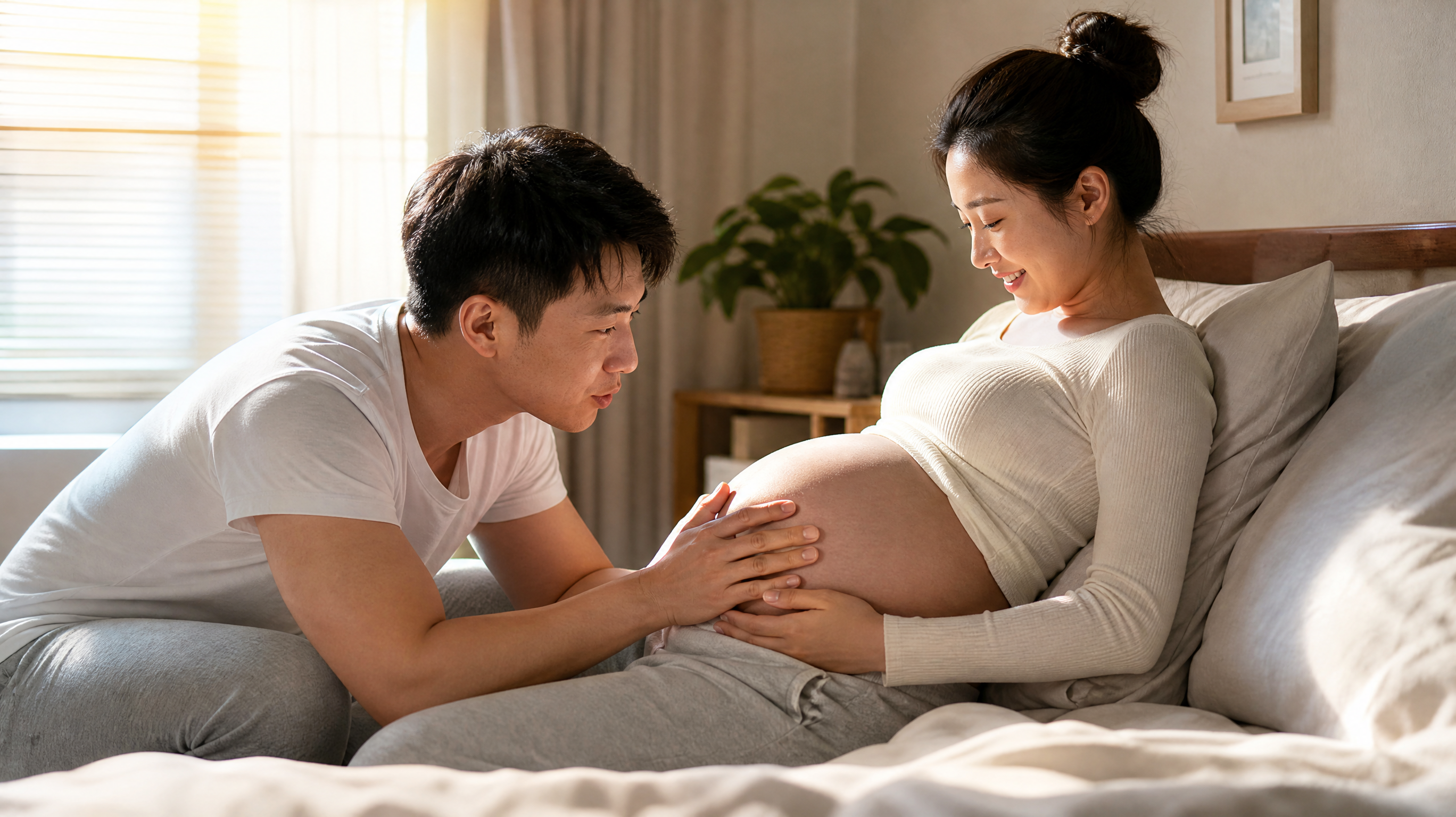A warm morning scene, a loving young Chinese father gently talking to his pregnant wife's belly. The wife is smiling happily. Soft morning sunlight streaming through the window, cozy bedroom, photorealistic, cinematic lighting, ultra-detailed, 8k resolution.