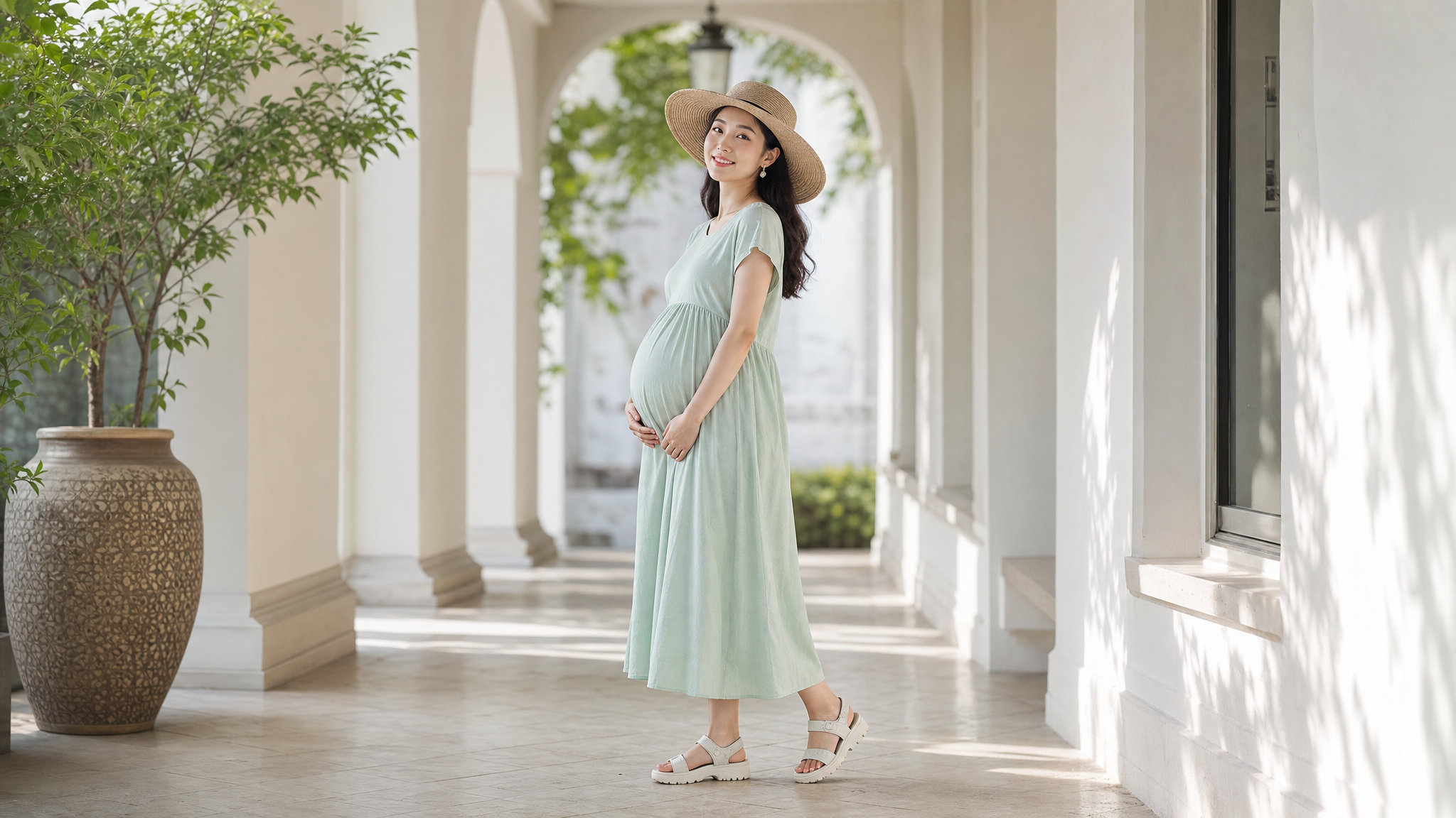 A beautiful Chinese pregnant woman wearing a mint green A-line Tencel dress, standing in a bright corridor with soft natural light, wearing a wide-brimmed straw hat and comfortable sporty sandals, smiling naturally, elegant and refreshing summer vibe, soft pastel colors, photorealistic, 8k resolution, highly detailed, shot on 35mm lens. --ar 3:4