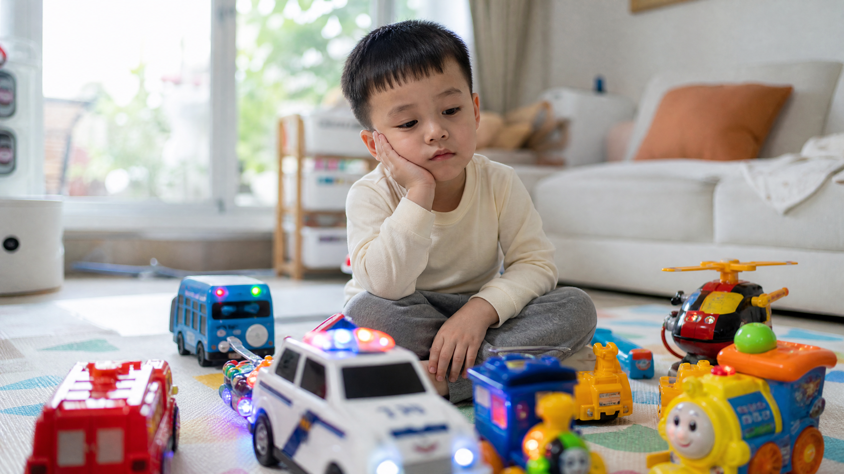 A photorealistic image of a 4-year-old Chinese toddler sitting on a playmat, looking bored and distracted while surrounded by noisy, flashing electronic plastic toys. Soft natural indoor lighting, cinematic composition, high resolution, 8k, shot on 35mm lens.