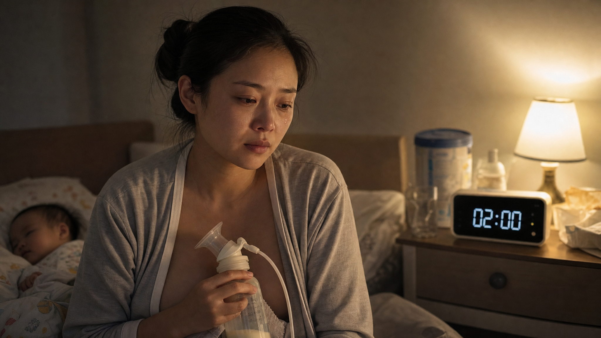 A realistic portrait of an exhausted young Chinese mother sitting in a dimly lit bedroom at 2 AM, holding a breast pump. She looks tired and emotional, with a subtle tear on her cheek. Soft, warm night light, highly detailed, cinematic lighting, emotional storytelling, photorealistic, 8k.