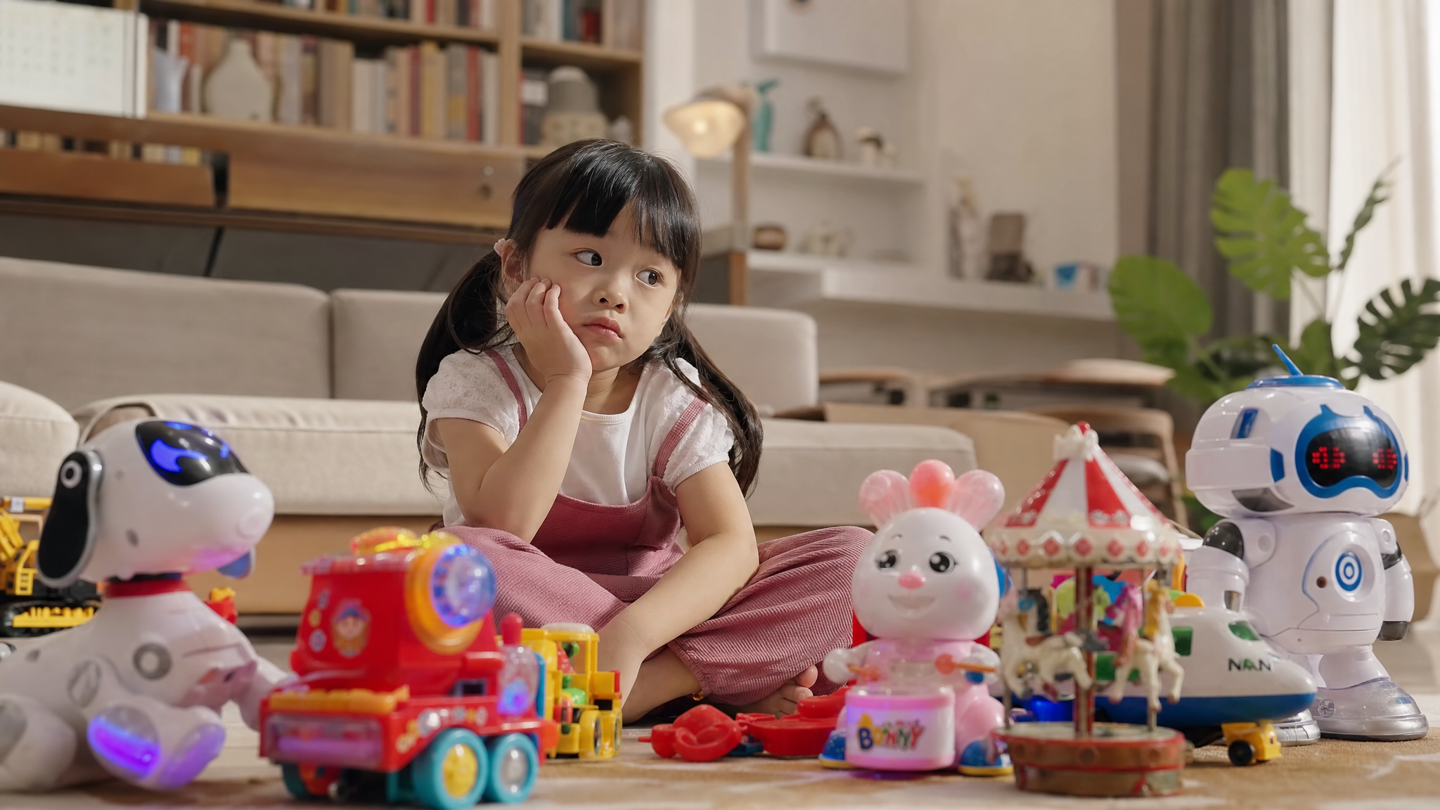 A cute 4-year-old Chinese child sitting on a cozy living room floor, looking bored and distracted, surrounded by noisy, flashy electronic plastic toys. Soft natural indoor lighting, cinematic composition, highly detailed, realistic photography style, 8k resolution.