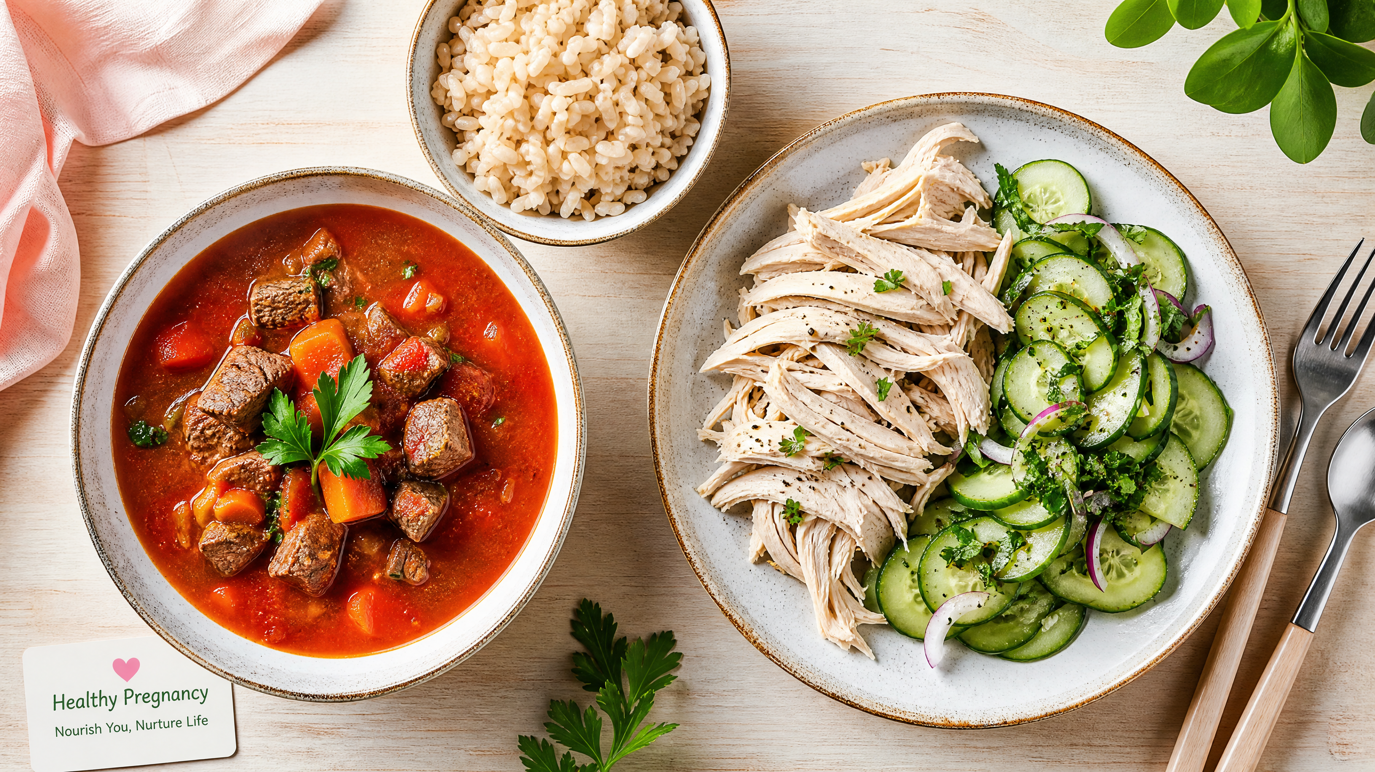 A top-down flatlay food photography of a healthy pregnancy meal set. It includes a bowl of rich tomato beef soup, a plate of shredded chicken breast with cucumber salad, and a small bowl of brown rice. The food is beautifully plated on ceramic dishes, placed on a light wooden table. Bright, fresh, and appetizing lighting, food magazine editorial style, highly detailed, 8k.