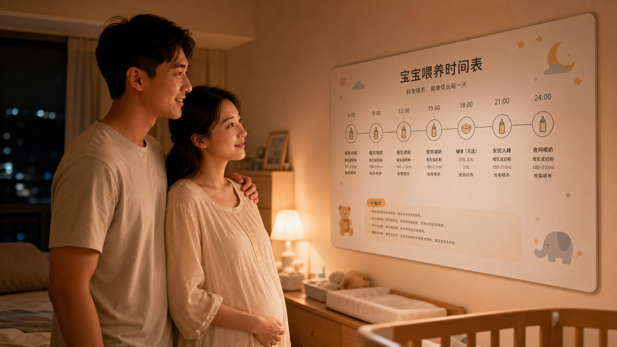 A warm and cozy bedroom at night, soft warm night light. A young Chinese couple standing together, looking at a beautifully designed baby feeding schedule chart on the wall. The chart has clear timeline graphics. They look cooperative and relieved. High quality, realistic photography, cinematic lighting, 8k resolution, Midjourney v6 style.