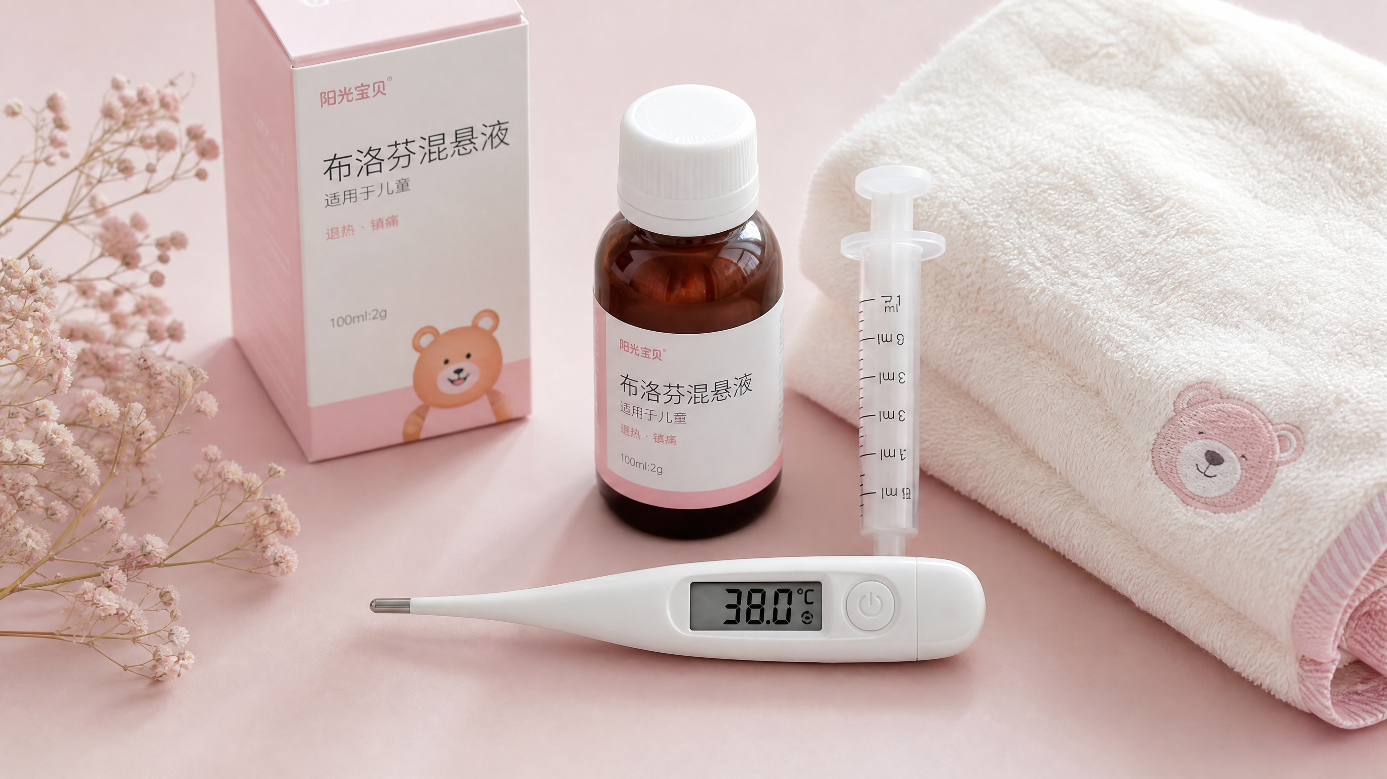 A clean, aesthetic flatlay photography of baby care essentials on a pastel background. Includes a digital thermometer showing 38.0, a bottle of baby liquid medicine with a dosing syringe, and a soft cotton towel. Chinese medical context, bright and soft studio lighting, highly detailed, minimalist style, 8k. --ar 4:3