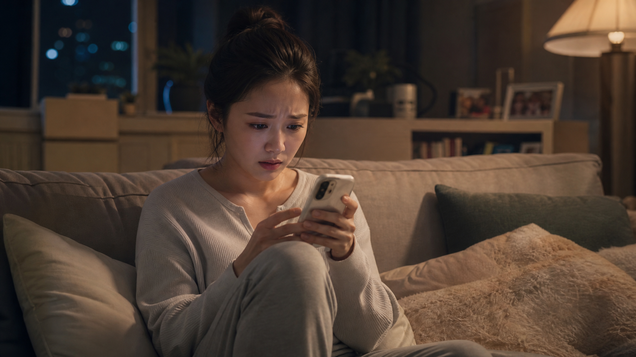 A high-quality photo of a young Chinese mother sitting on a cozy sofa at night, looking slightly anxious while checking her smartphone, soft warm indoor lighting, realistic, cinematic, highly detailed, 8k.