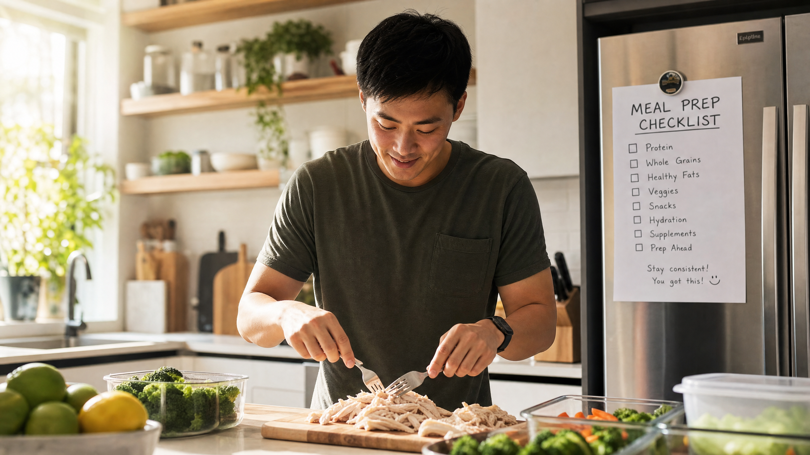 A warm and inviting medium shot of a young Chinese father in a bright, modern kitchen. He is carefully preparing a healthy meal, shredding boiled chicken breast and arranging steamed vegetables. A meal prep checklist is visible on the refrigerator behind him. Natural sunlight, cozy atmosphere, realistic photography, 8k, Midjourney v6.