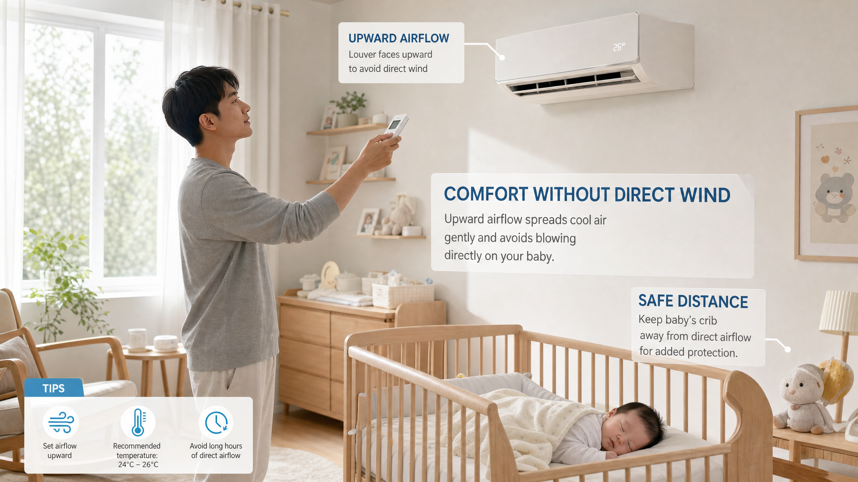 An infographic-style realistic photo of a bright, clean baby nursery room. A young Chinese father is adjusting the air conditioner remote control. The air conditioner louver is pointing upwards. A cute Chinese newborn baby is sleeping peacefully in a crib at a safe distance. Soft natural light, cozy and safe atmosphere, highly detailed, 8k, photorealistic. --ar 3:4