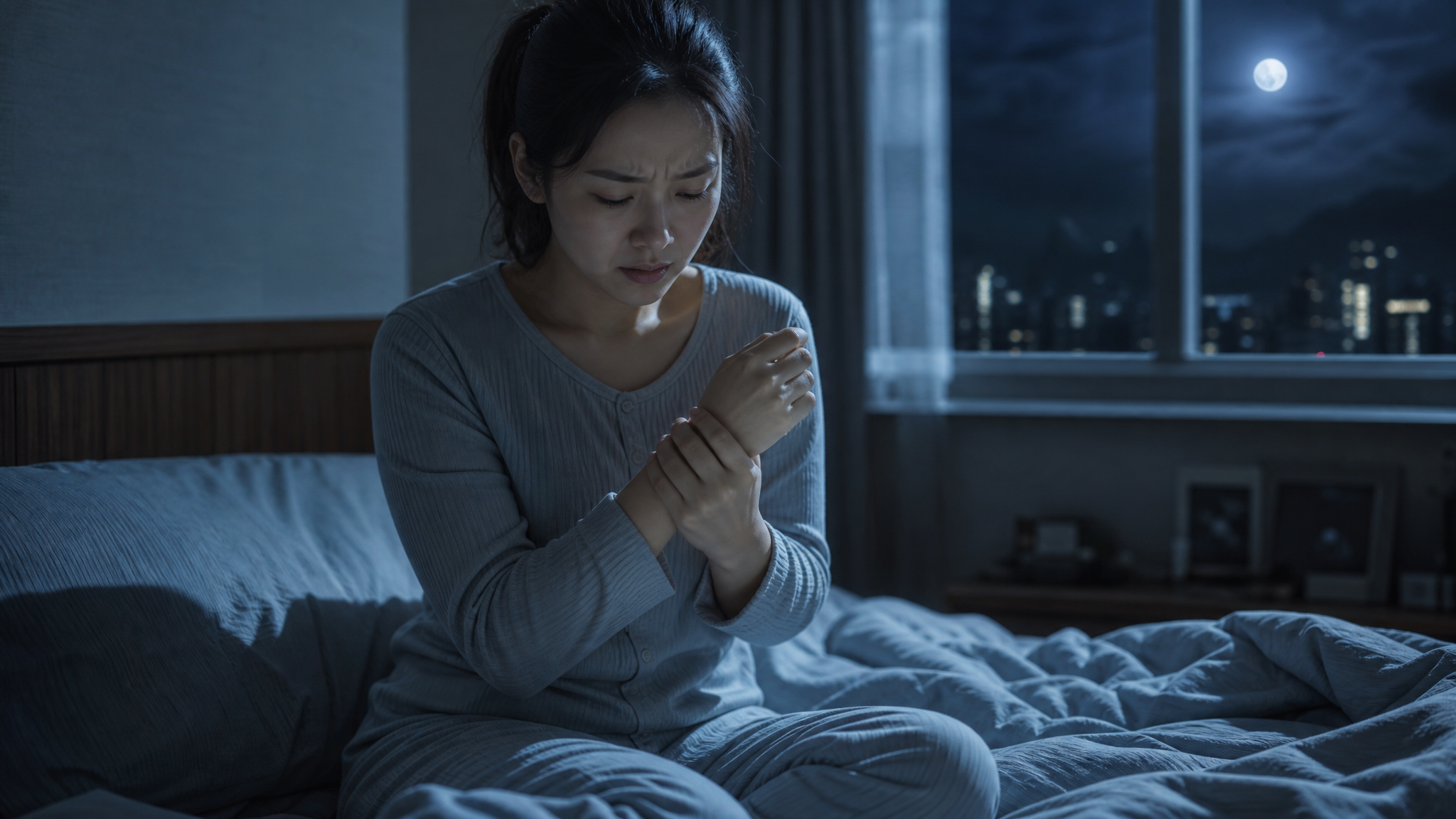 A young Chinese mother sitting on a bed in a dimly lit bedroom at night, looking distressed and holding her painful wrist. She is wearing thin, comfortable long-sleeved pajamas. Soft moonlight filtering through the window, creating a cinematic and empathetic atmosphere. Highly detailed, photorealistic, 8k resolution, healing cold blue tone.