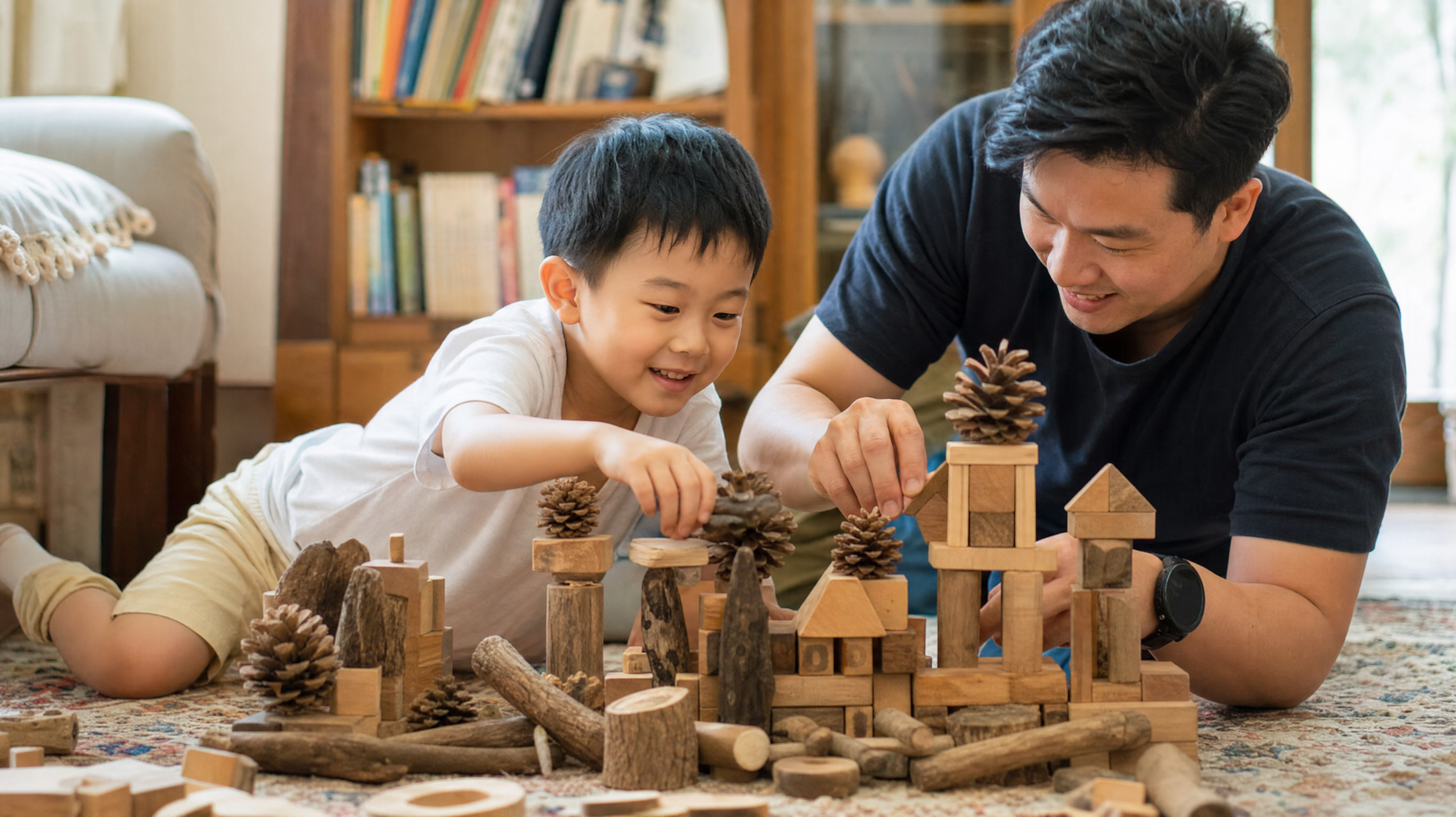 A 5-year-old Chinese child and their father happily building a creative structure using wooden blocks and natural materials like pine cones on a rug in a sunlit room. The child is highly focused and smiling. Warm, inviting atmosphere, soft natural light, photorealistic, shot on 35mm lens.