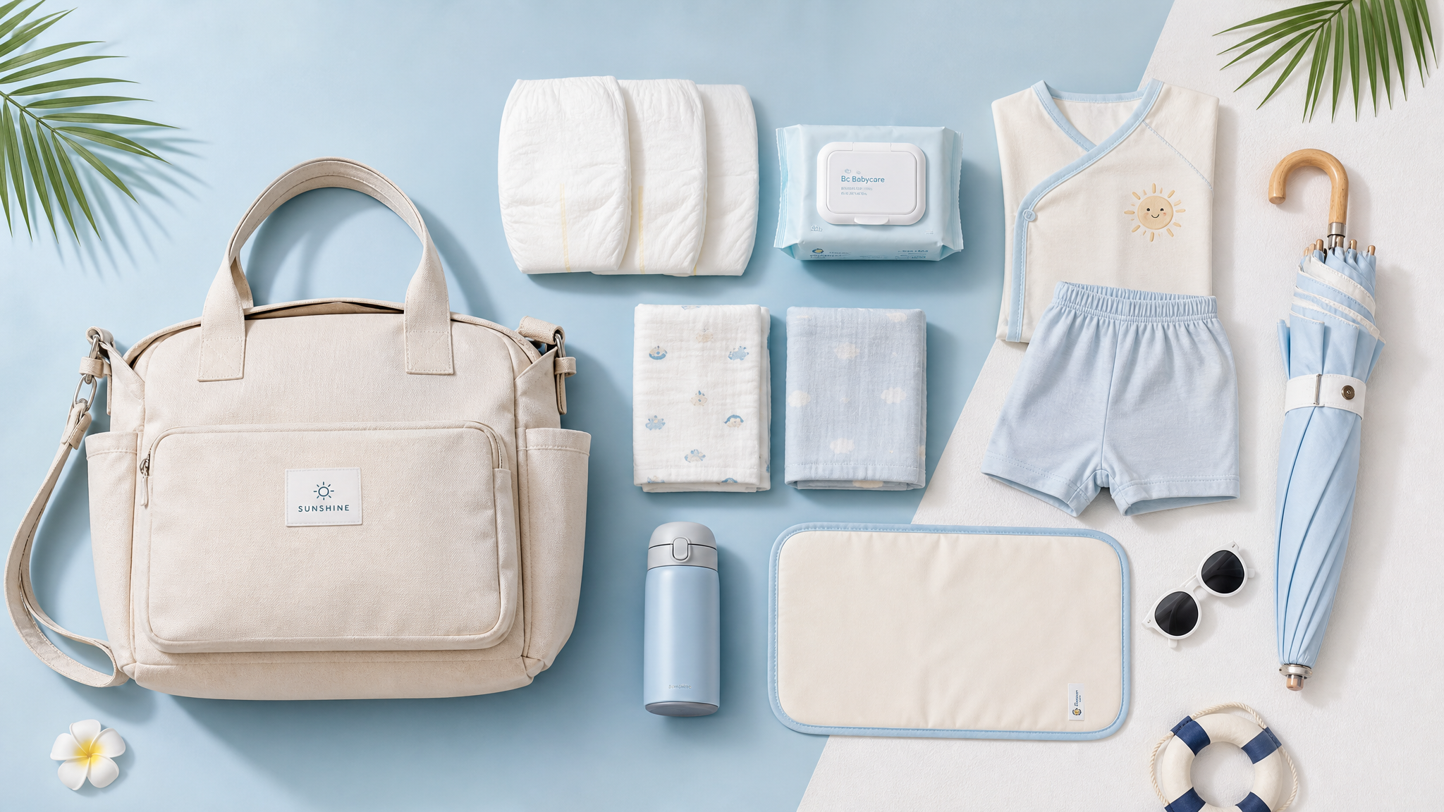 A neat, aesthetic flatlay photography of a minimalist baby summer outing bag. Items include 3 diapers, a small pack of wipes, 2 muslin cloths, a light baby outfit, a small thermos, a sun umbrella, and a changing pad. Arranged neatly on a light blue and white background. Bright, fresh summer vibe, soft lighting, high quality, minimalist style, 8k --ar 3:4