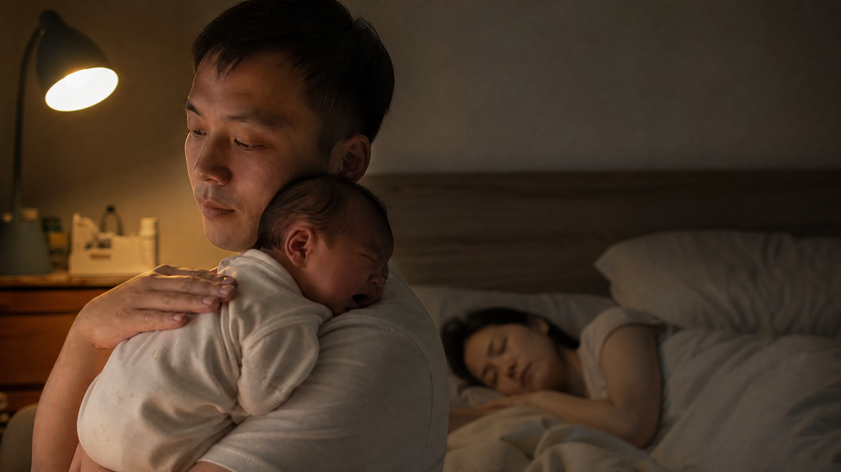 A gentle young Chinese father holding a newborn baby over his shoulder, carefully burping the baby in a dimly lit bedroom at 2 AM. Soft warm yellow night lamp illuminating his caring face. The mother is sleeping peacefully in the background bed. Highly detailed, realistic, heartwarming atmosphere, photography, 8k.