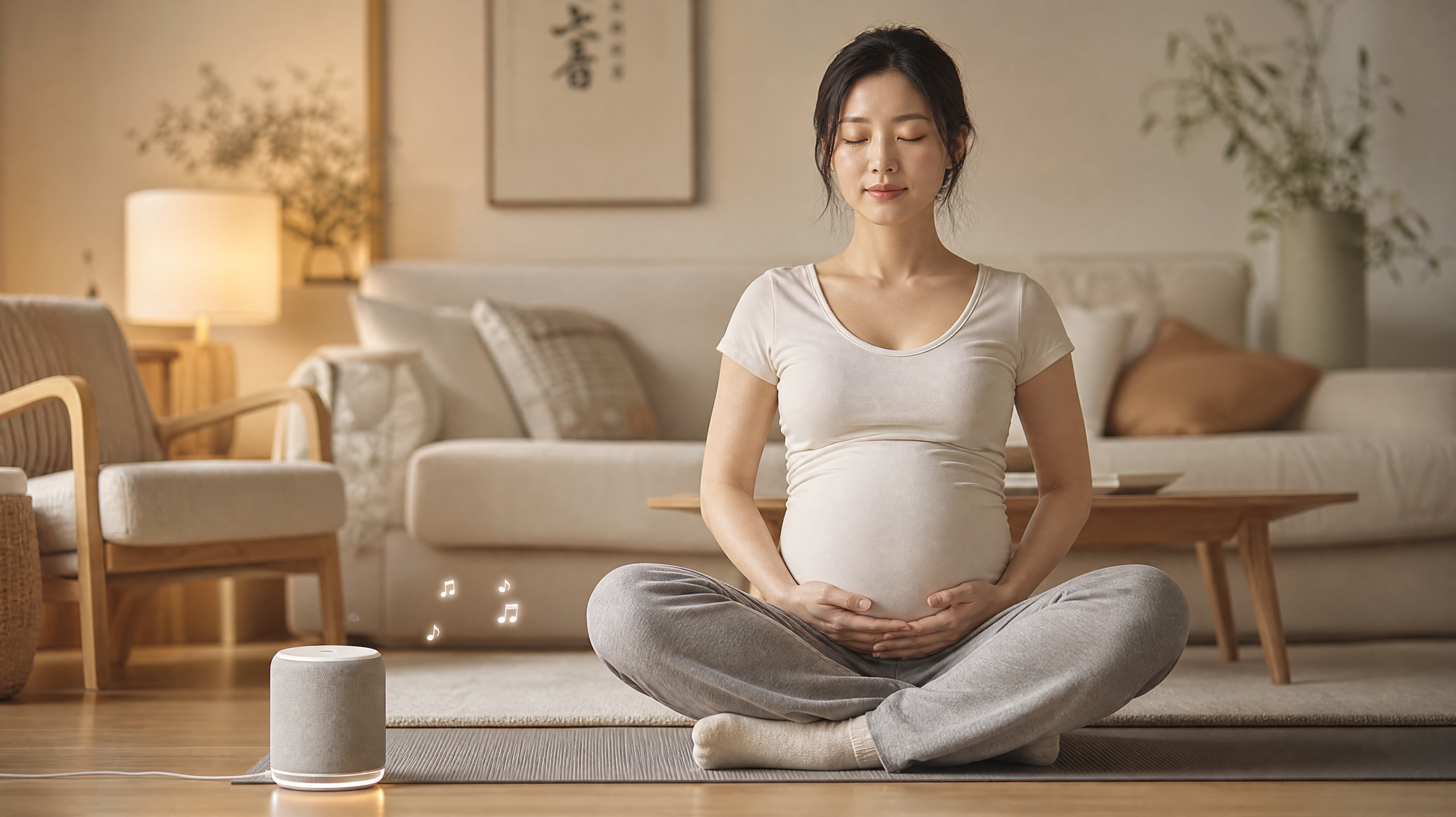 A serene Chinese pregnant woman sitting cross-legged on a yoga mat in a cozy living room, practicing deep breathing with her eyes closed and hands resting gently on her belly. Soft, warm ambient lighting, peaceful atmosphere. Next to her is a small smart speaker playing soft sounds. Minimalist and warm aesthetic, soft focus background, highly detailed, 8k, Midjourney style.