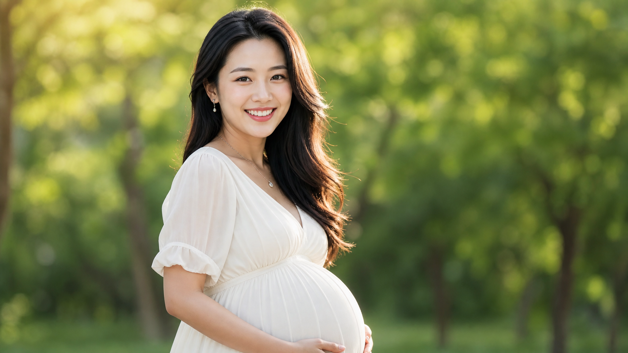 A close-up portrait of a radiant Chinese pregnant woman outdoors in summer, shallow depth of field with blurred green trees in the background. Her makeup is fresh, natural, and flawless. She is smiling brightly, exuding maternal glow and confidence. Sun-kissed lighting, ultra-detailed skin texture, shot on 85mm lens. --ar 3:4 --v 6.0
