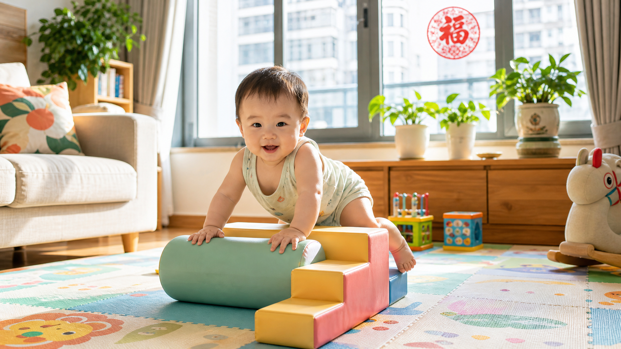 A bright and cozy Chinese living room in summer. A cute 8-month-old Chinese baby is happily exploring on a colorful soft play mat, crawling over a low soft roller and small soft steps. Natural sunlight shining through the window, bright and cheerful atmosphere, highly detailed, photorealistic, 8k, shot on 50mm lens.