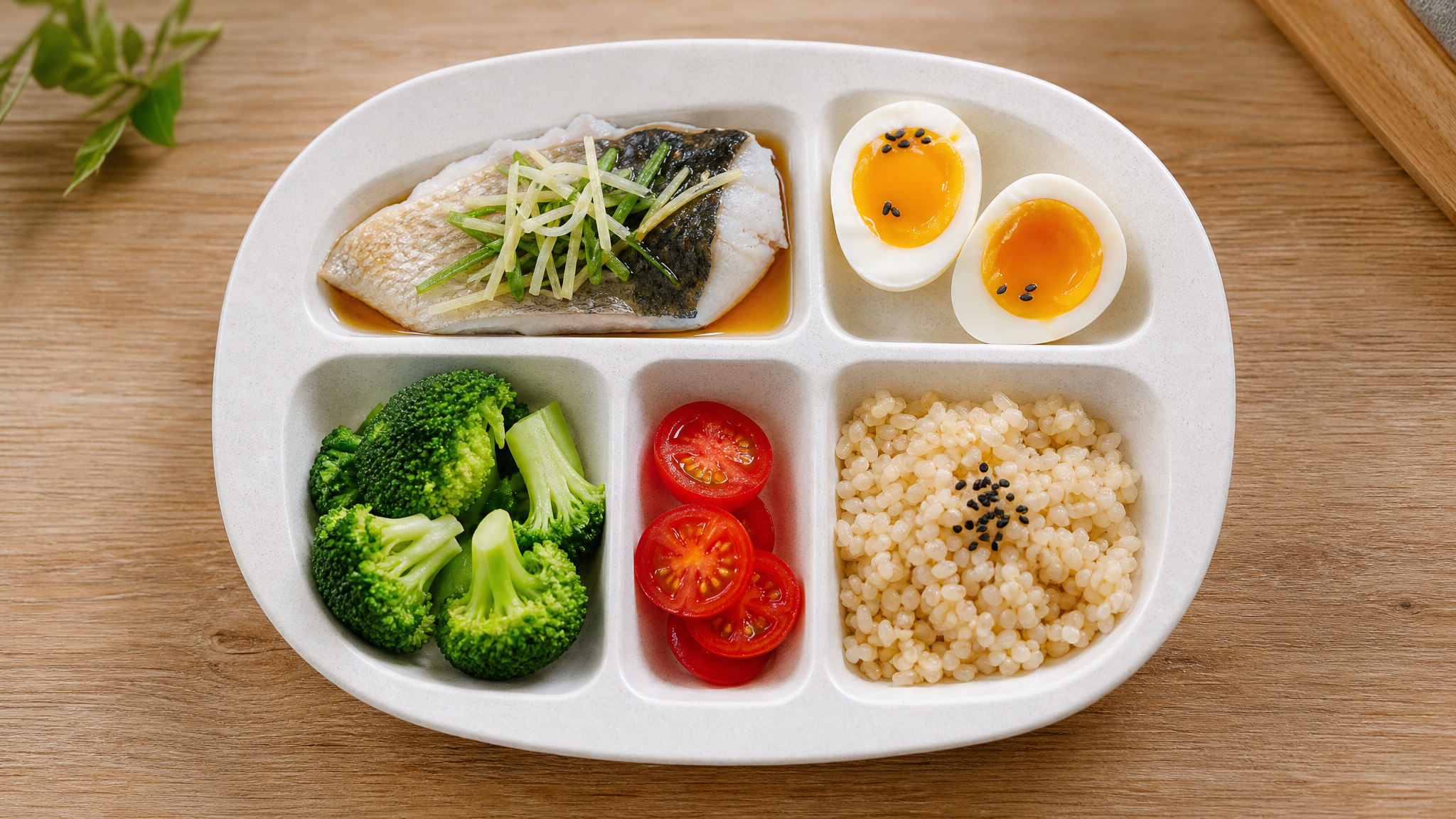 Top-down view of a modern Nordic-style divided dining plate on a wooden table. The plate contains a healthy postpartum meal: steamed sea bass, boiled egg, broccoli, cherry tomatoes, and brown rice. Clean and bright lighting, fresh colors, food photography, highly detailed, 8k, photorealistic, Midjourney v6.