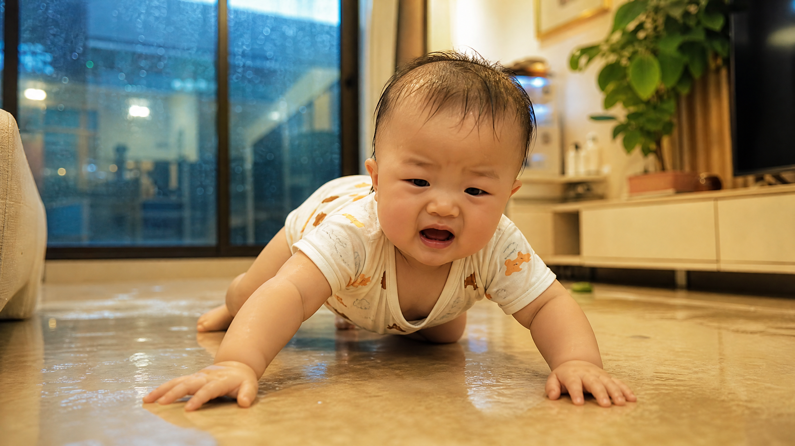 A cute 7-month-old Chinese baby trying to crawl on a slightly damp indoor living room floor, looking a bit frustrated, wearing comfortable summer baby clothes. Warm indoor lighting, rainy window in the background, realistic photography, high resolution, 8k, soft focus.