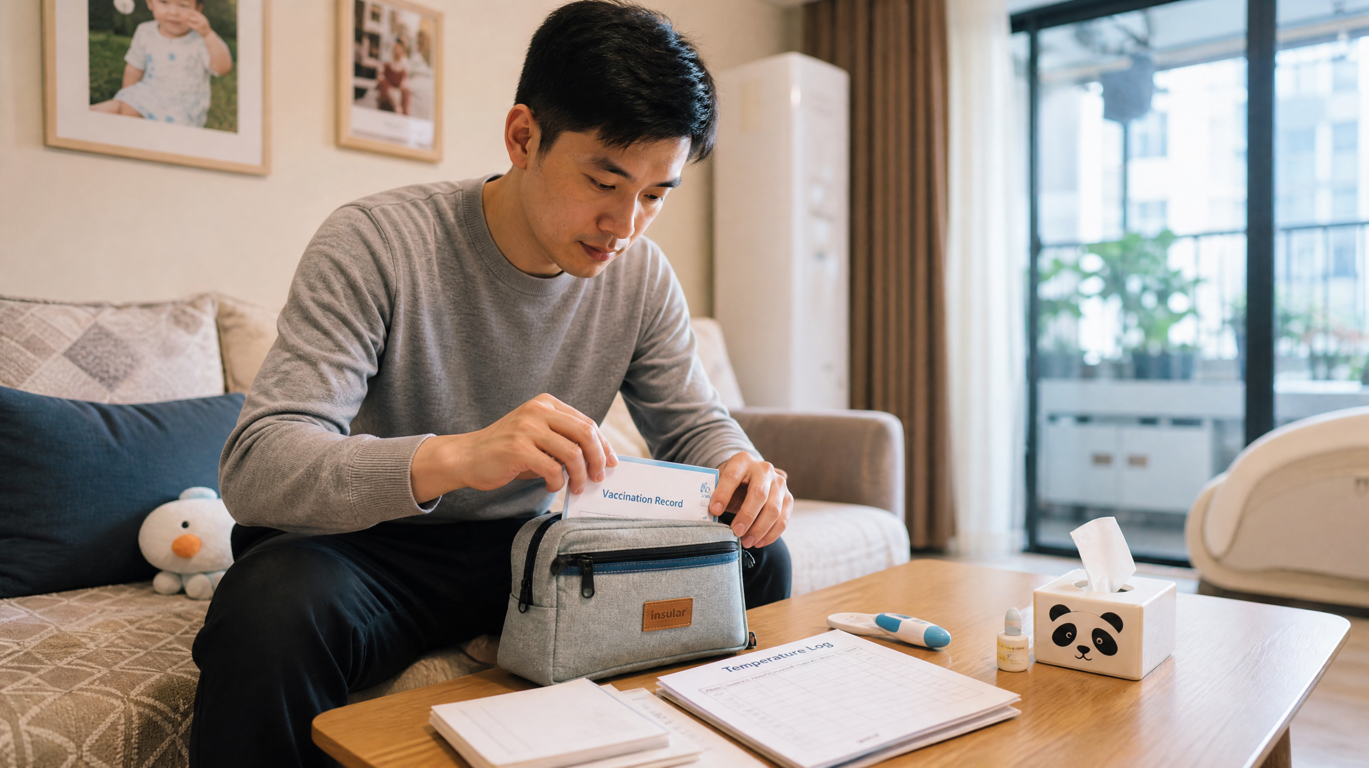 A reliable young Chinese father is carefully organizing baby's medical records, vaccination book, and temperature logs into a small bag on a living room table. Bright and clean environment, medium shot, highly detailed, realistic photography, cinematic lighting.